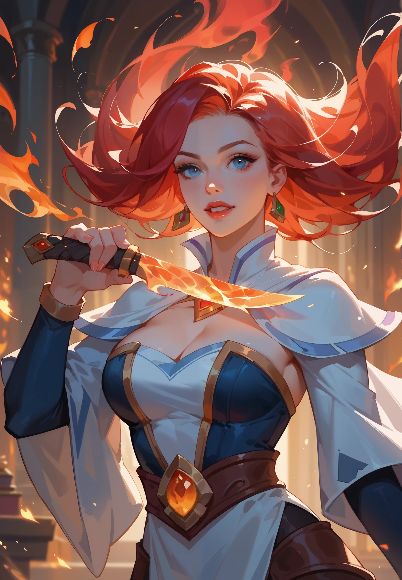 score_9, score_8_up, score_7_up, An outstanding painting of a beautiful white girl, Lina from dota2, flaming, surrounded by flames, ghost knife style, fire-like hair, long red hair, watery blue big eyes, mage robes, magic colors, World of Warcraft style, By Blizzard Entertainment, cinematic lighting, action, wizarding world,