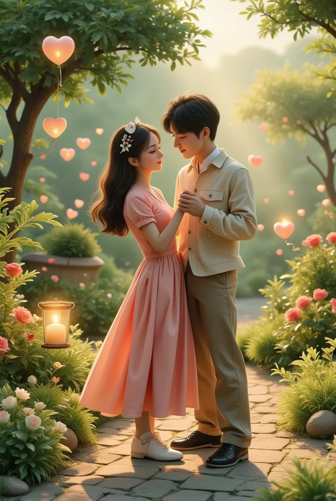 In a captivating digital art masterpiece, a couple shares a romantic dance in the center of an enchanting garden on Valentine's Day. The scene is illuminated by floating candles and lanterns, casting a warm, soft glow. The intricate details of the garden, from the delicate petals of the flowers to the lush green foliage, are rendered in stunning 8K resolution. The couple, lost in their embrace, exudes a sense of deep love and connection. The atmosphere is filled with a magical and dreamy quality, enhanced by the gentle light and the serene beauty of the surroundings.