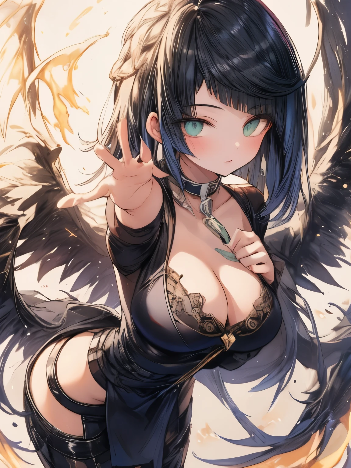 1 seraphim girl standing in peace of snowy mountain, (solo), swinging back, multiple wings, (she has 12 wings on her back), (6 white wings:1.5) and (6 black wings:1.5), BREAK, (wearing nothing without a lace trimmed sheer short black chemise:1.4), (plunging neckline), too short black skirt flapping by wind, stiletto heels, BREAK, (black short hair:1.3), sidelocks, black eyes, (bouncing large breasts), cleavage, inconceivably narrow waist, bared skinny arms, bared skinny long legs, thigh gap, tiptoe, BREAK,  face, nose blush, smile for viewer, open mouth, orgasm, BREAK, (extremely detailed CG unity 8k wallpaper), (beautiful detailed), (ultra high resolution), (masterpiece:1.2), (best quality), (beautiful illustration), anime visual