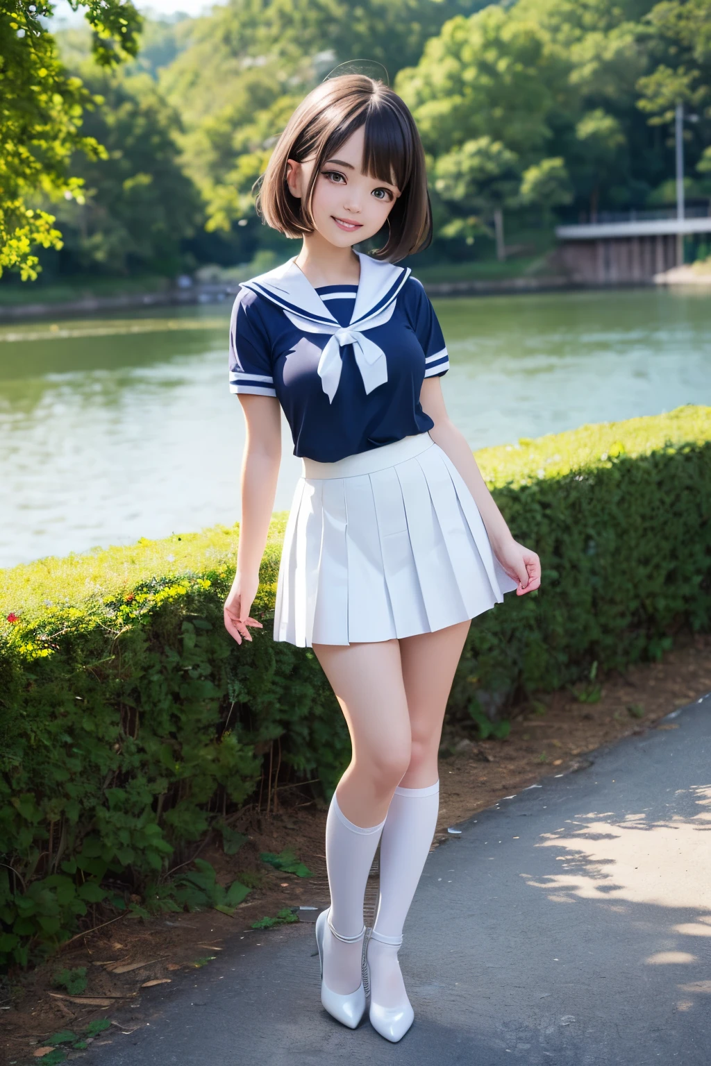 Best quality, full body focus, full body shot, perfect face, soft light, ultra high res, 8k, Masterpiece, , , view the viewer, full body , Front view, (1girl:loli:1.3), , Cute face, (blue eys:1.5), (Light Blonde Short hair, Bangs), beautiful (Medium breasts:1.3), , Beautiful boob, Beautiful finger, Beautiful hands, Beautiful arms, Beautiful feet, Beautiful legs, (high resolution detail of human skin texture) , ((white Short sleeves sailor uniform, white pleated skirt, knee-high socks, white with lace trim, white pin high heels)), , Summer, lake Side,, , (( standing, , smiling, nose blush) , )) , ,score_9, solo, no bra, no panties, ,