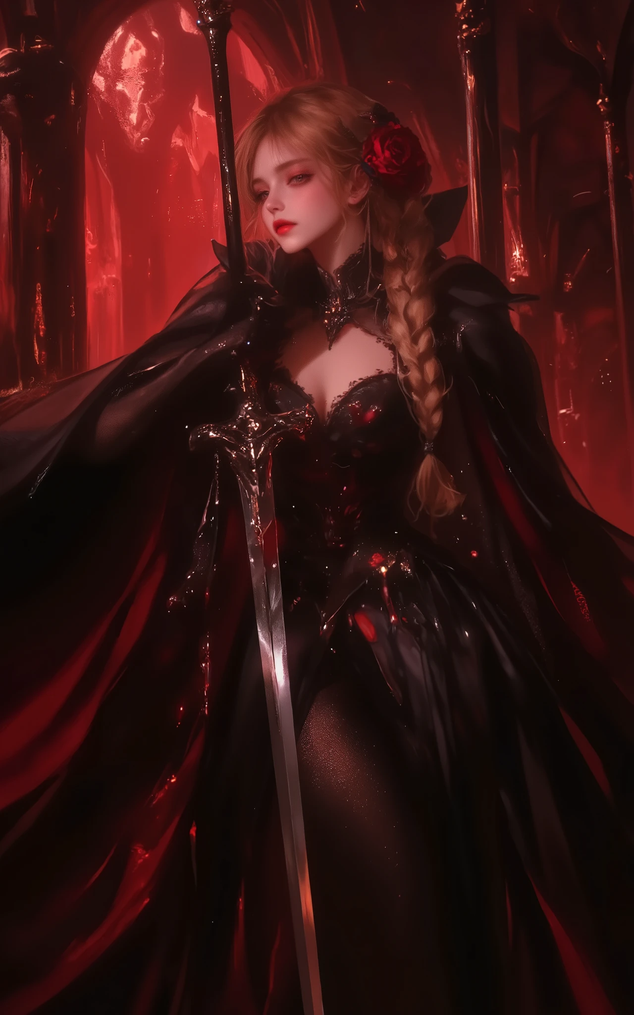 1girl,solo,long hair,breasts,bangs, Fantasy world. A beautiful woman leaning on a thin sword on the ground. On the handle of the sword, there is a symbol of a red rose, the sword is extremely thin and sharp, fencing style. The woman wears a long black dress close to her body, with some dark red details, a black and dark red cloak around her shoulders, and an accessory of red roses in her hair. The girl has an ethereal beauty, with golden hair tied in a loose braid, with loose strands, striking red eyes, and dark red lips., english , dark red theme,
(artist:quasarcake:0.8),extreme aesthetic,(wlop:0.6),honjou honjou raita,lack,rella,wanke,raita,masterpiece,best quality,good quality,newest,year 1700, 1800, very aesthetic,absurdres,Visual impact,A shot with tension,
ultra-high resolution,32K UHD,sharp focus,best-quality,masterpiece,Emotionalization,unconventional supreme masterpiece,masterful details,temperate atmosphere,with a high-end texture,in  the style of fashion photography,(Visual impact:1.2),giving the poster a dynamic and visually striking appearance,impactful picture,
offcial art,colorful,movie perspective,masterpiece,best quality,amazing quality,very aesthetic,absurdres,best quality,newest,dynamic_angle,cinematic_angle,dutch angle,foreshortening