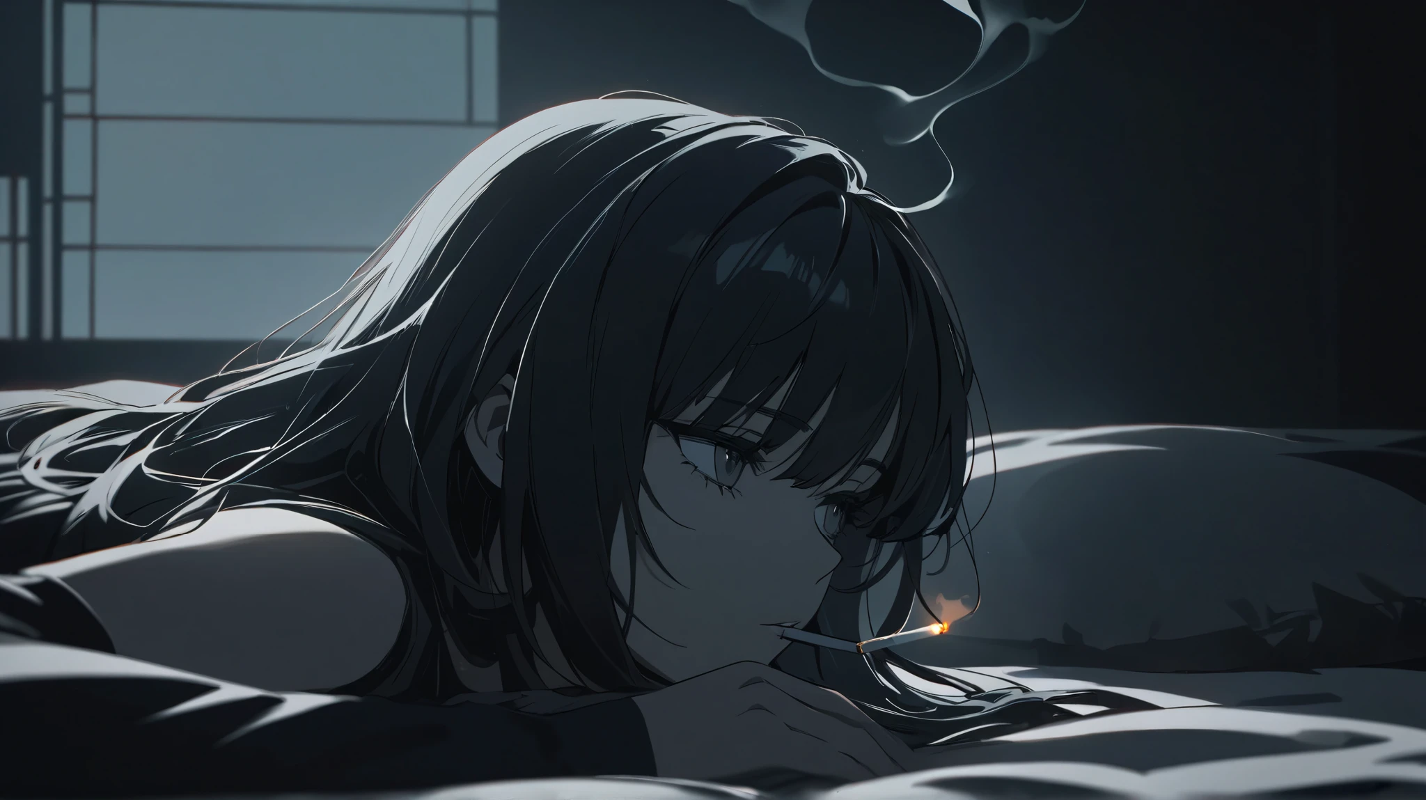"A melancholic young woman with long black hair lying on a bed, gazing into the distance. She holds a lit cigarette with smoke curling upwards. The dimly lit room has a moody, cinematic atmosphere, with soft lighting and a muted color palette. The anime-style illustration features sharp details, smooth shading, and an aesthetic inspired by Japanese neo-noir and cyberpunk art."
