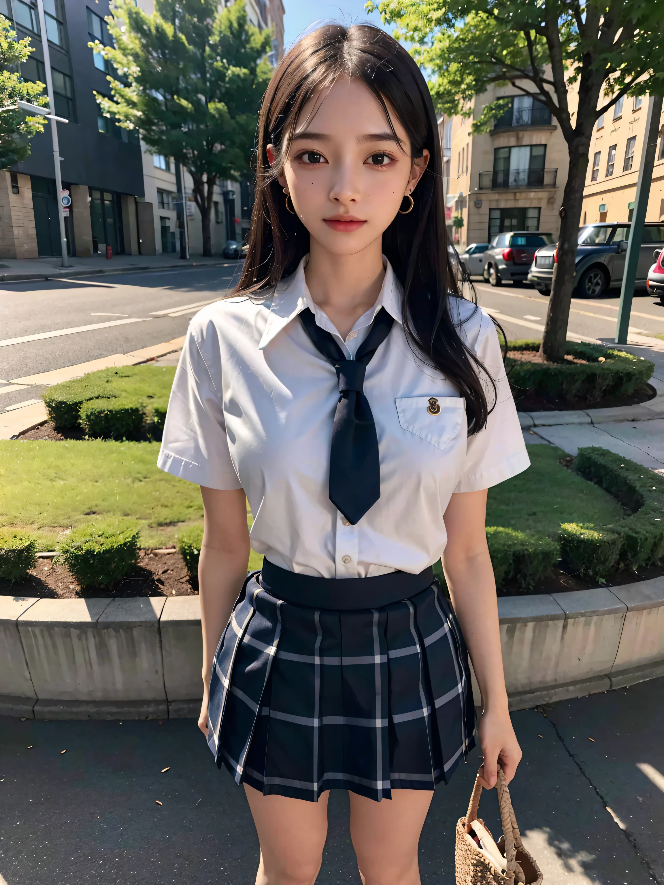 incredibly absurdres, RAW photo, extremely delicate and beautiful, masterpiece, Highest Quality, ultra high resolution, 32k, hyper realistic, ultra-detailed description, perfect anatomy, correct body, very Slim body, narrow waist, very small head, very small face, delicate facial features, very detailed eyes and face, Realistic beautiful face, Realistic beautiful eyes, tearful mole, earring, (very huge round breasts:1.2), wavy hair, hair behind ear, hair ornament, (full body shot:1.4), outdoor, (school uniform, Checked mini skirt:1.4),
