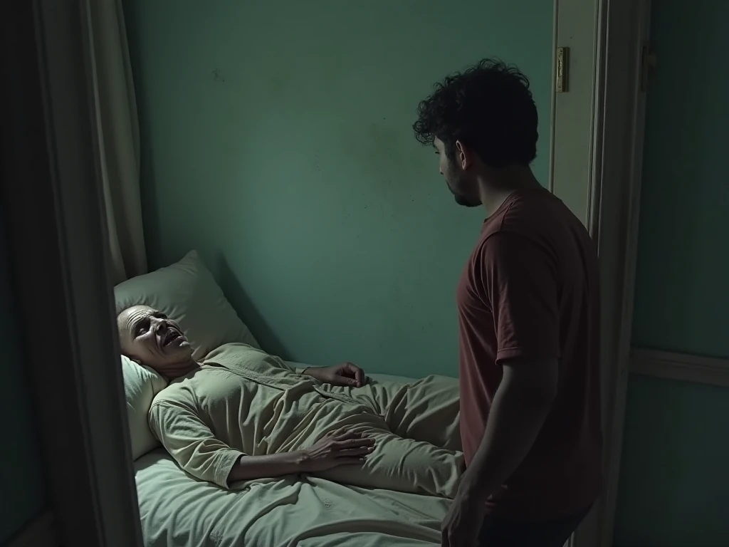 A person sleeping in their bed in the bedroom of their home, captured from a CCTV camera positioned in the upper corner of the room, simulating the real perspective of a camera installed in that location. The room is dimly lit by a faint night light. Next to the sleeping person, a paranormal presence appears—a hazy and ethereal figure resembling a shadowy human form with blurred contours, exuding a mysterious aura. The image quality is characteristic of CCTV footage, with grainy tones and slight distortion, enhancing the eerie atmosphere of the scene.