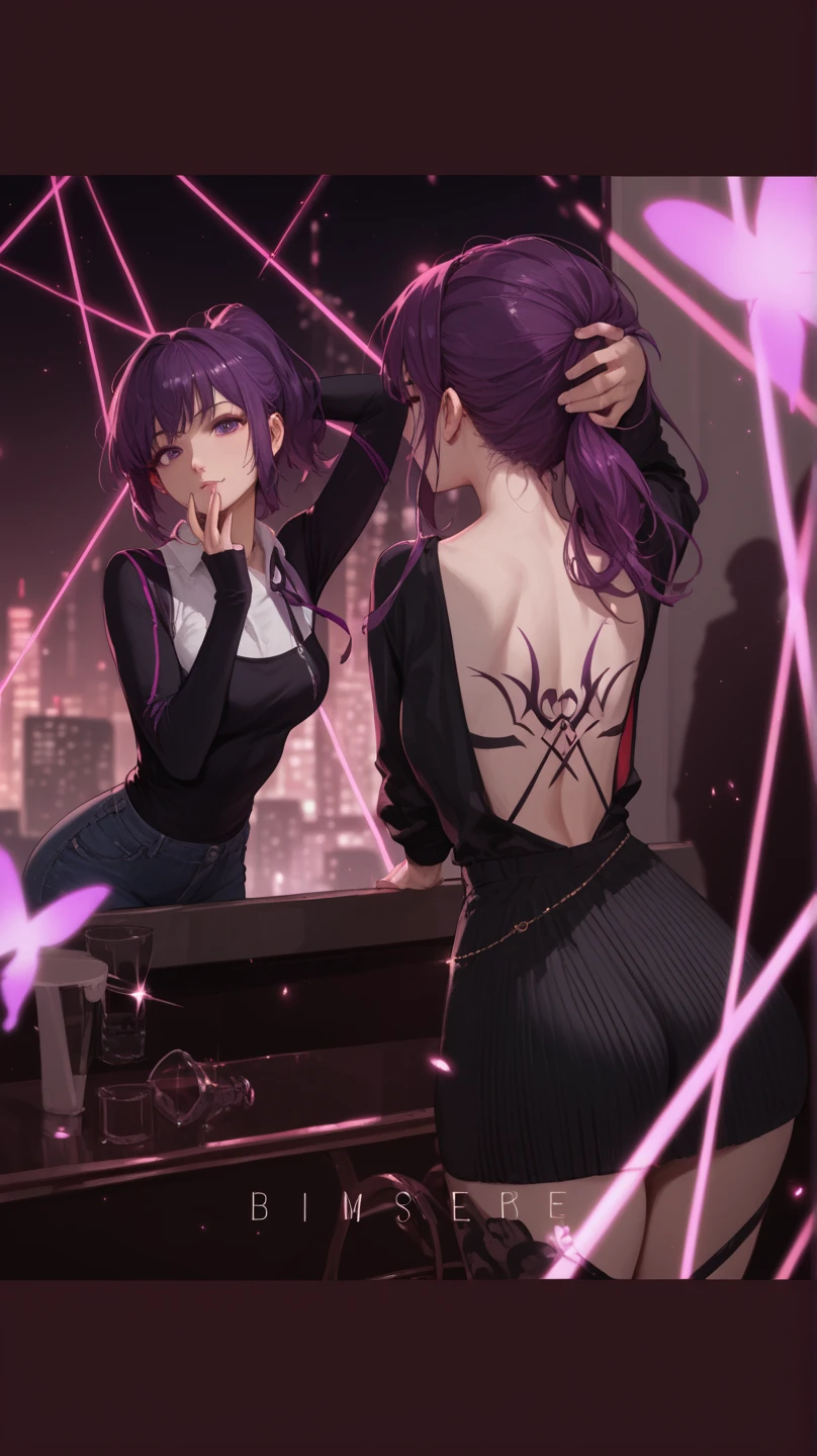 (solo), purple hair, messy hair, mane hair, short hair, short hair, dense hair, wild hair, expressive hair, mature,(25 year old), elf ears, pale skin, red eyes, ((femal)), wearing a black dress shirt, wearing a purple jacket,, rolled up sleeves, beautiful, attractive, eye reflection, medium breast, medium ass, smiling, depth of field, purple thunder aura, blue cinematic lighting, purple ray tracing, depth of field, cinematic lighting, purple ray tracing, UHD, high details, best quality, highres, high quality, award winning, super detail, masterpiece, 8k, UHD, high details, best quality, highres, high quality, award winning, super detail, masterpiece, 8k, digital art, anime coloring, full body shot, body shot, In a fighting position, Hand to hand combat, good face, perfect face, detailed face, good eyes, looking towards the screen.
