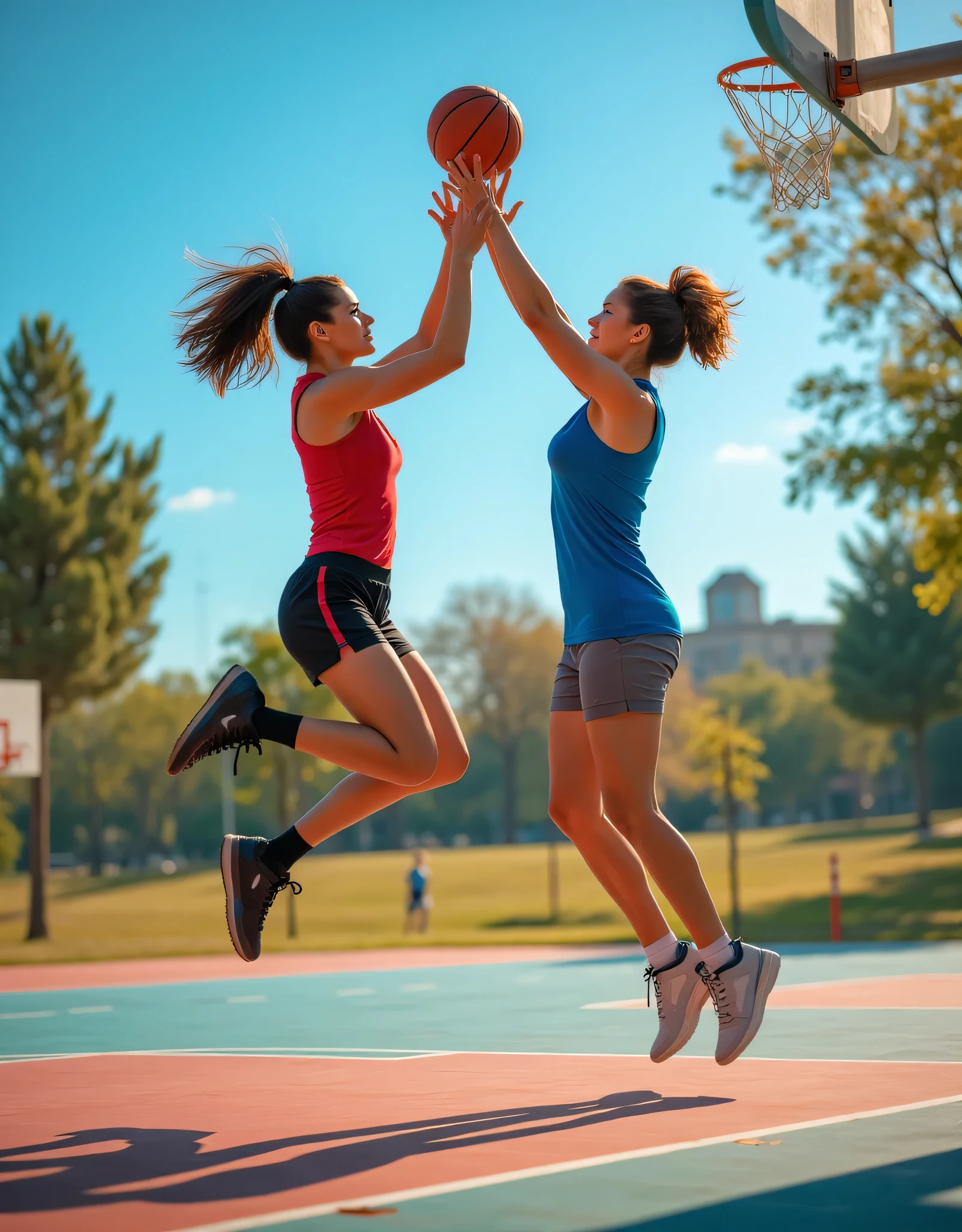 (Masterpiece), (intriciate detail), (Photorealistic:1.3), (film grain:1.3), 2 cute 22-year-old girls, Jumping on the basketball hoop and throwing the ball, Outdoor, Basketball playground on the street,