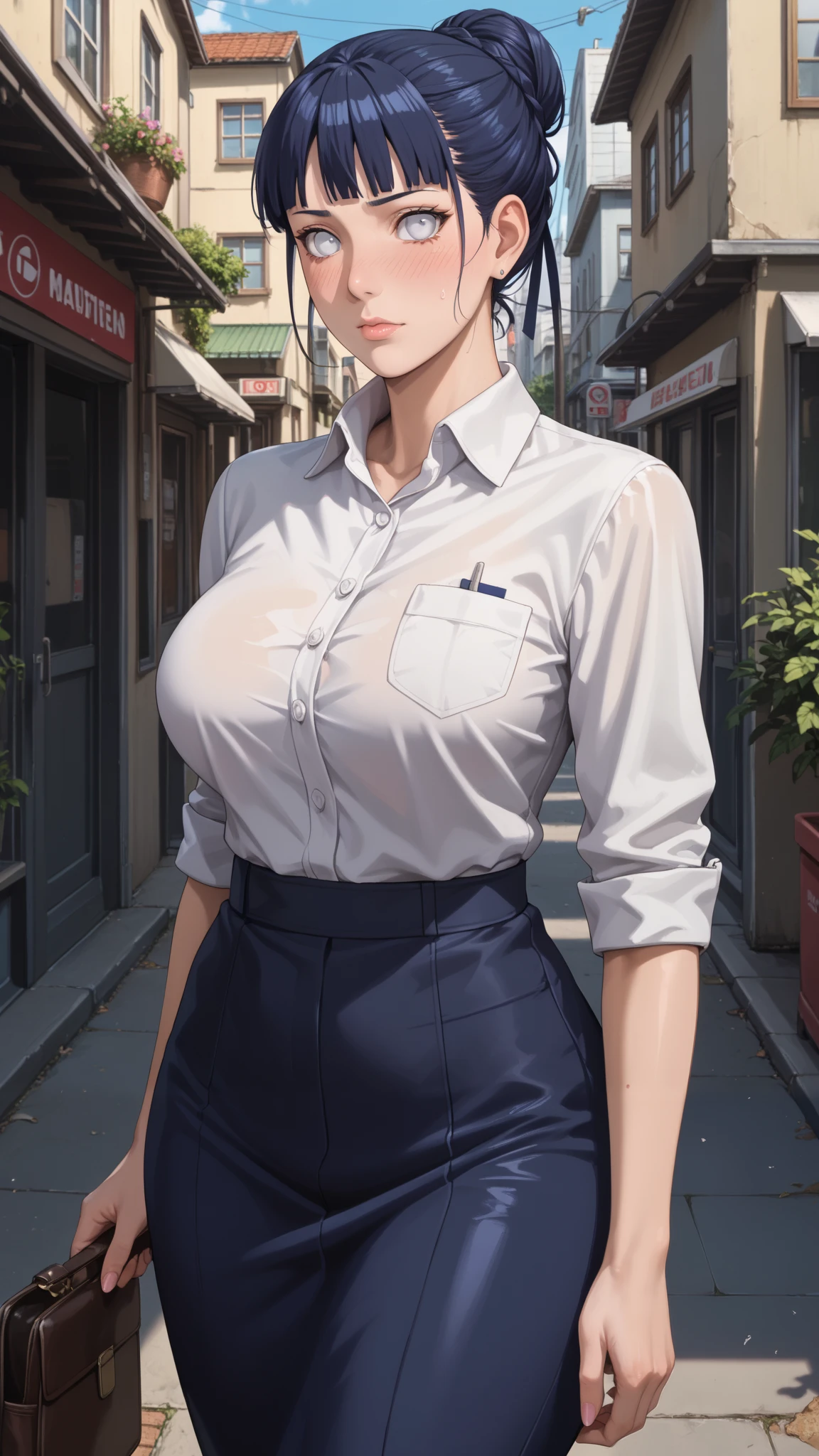 Fraction_9, Fraction_8_up, Fraction_7-up, Fraction 6-up, FractionS Fraction 4_up, From anime, , Tag 2, Best Quality , high quality , detailed, high resolution , 8K, 超 high resolution , soft saturation , Professional quality, perfect contrast , Perfect lighting, Anatomically Correct , Perfect Face , Facial perfection, Perfect hairstyle , Perfect eyes, Perfect Body , perfect , Perfect Arms, flawless skin, Clear face, Big Breasts, Wide hips, huge butt , sexy woman, Very Awkward , blush, blush lines, Shy miniskirt, Hinata_Hyūga/Boruto, Dark Blue Hair, Official Alternate Hairstyle, Alternate Tied-Back Bun Hairstyle, White Eyes.