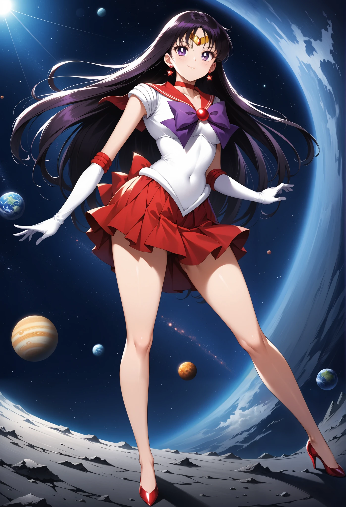 (masterpiece, best quality, very aesthetic, ultra detailed), intricate details, 4k, aamars, long hair, black hair, tiara, earrings, red choker, red sailor collar, purple bowtie, white shirt, elbow gloves, white gloves, pleated skirt, red skirt, bare legs, red heels, smile, space, stars, standing on planets, giga giantess, front below