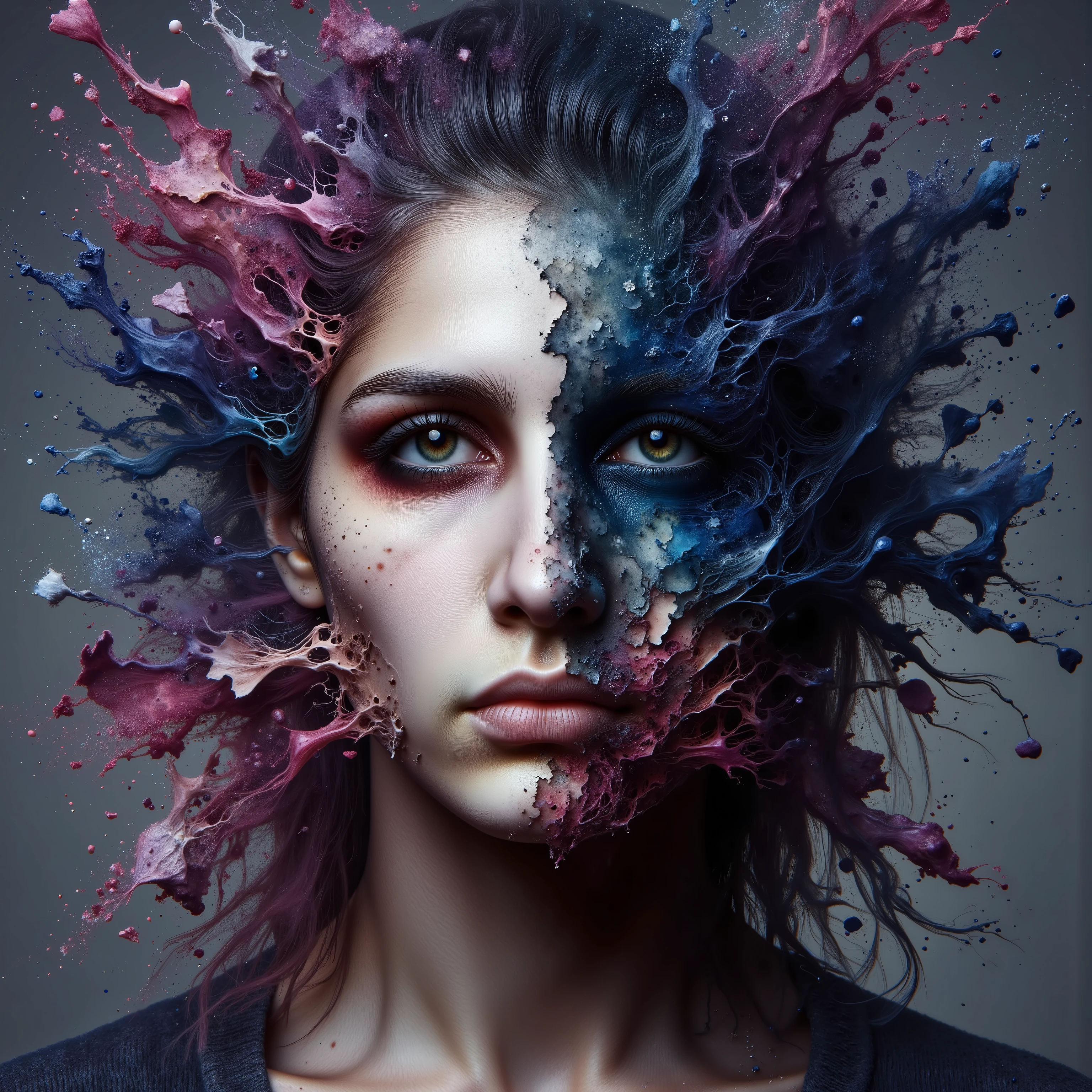 (masterpiece, 8k, best quality:1.5), Album cover shoot, photorealistic, hyper detailed, cinematic, arri alexa 65, film look, cinema lens, intense and dramatic, Artist: Lina Rook, Ambient Pop Rock, This is a single called: All the Pretty Pieces, The cover should NOT include the artist and should show a person losing their pretty pieces to drug abuse, the song is about watching all the pretty pieces of a person you love fall away as they fall victim to drug abuse, Dramatic, hyper-realistic cinematic image, lifelike and profound, dark and sad for a pop artist but not so dark as to be a metal artist, Oscar worthy Colors and image and drama, realistic image of a person losing physical chunks of themselves to show the metaphore of All the Pretty Piece falling away from the person you love, #breaking