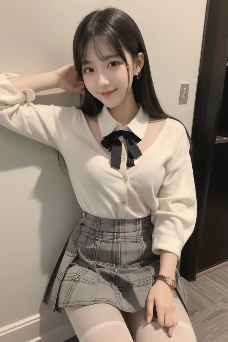 (1 Korean star with real sister style), ((best qualityer, 8K, work of art: 1.3)), focal point: 1.2, perfect body proportions: 1.4, (he used to smile),  （Ray tracing）,olhos marejados, Highly detailed face and skin texture, beautifuleyes, Double eyelids, whitens the skin, (cabelo longo e branco, stripes of art: 1.3), (Round face: 1.5), (half-off JK school uniform: 1.4), (duck sitting，sit on a bed: 1.6),(blackstockings: 1.4),(JK style:1.4),(coloured background)