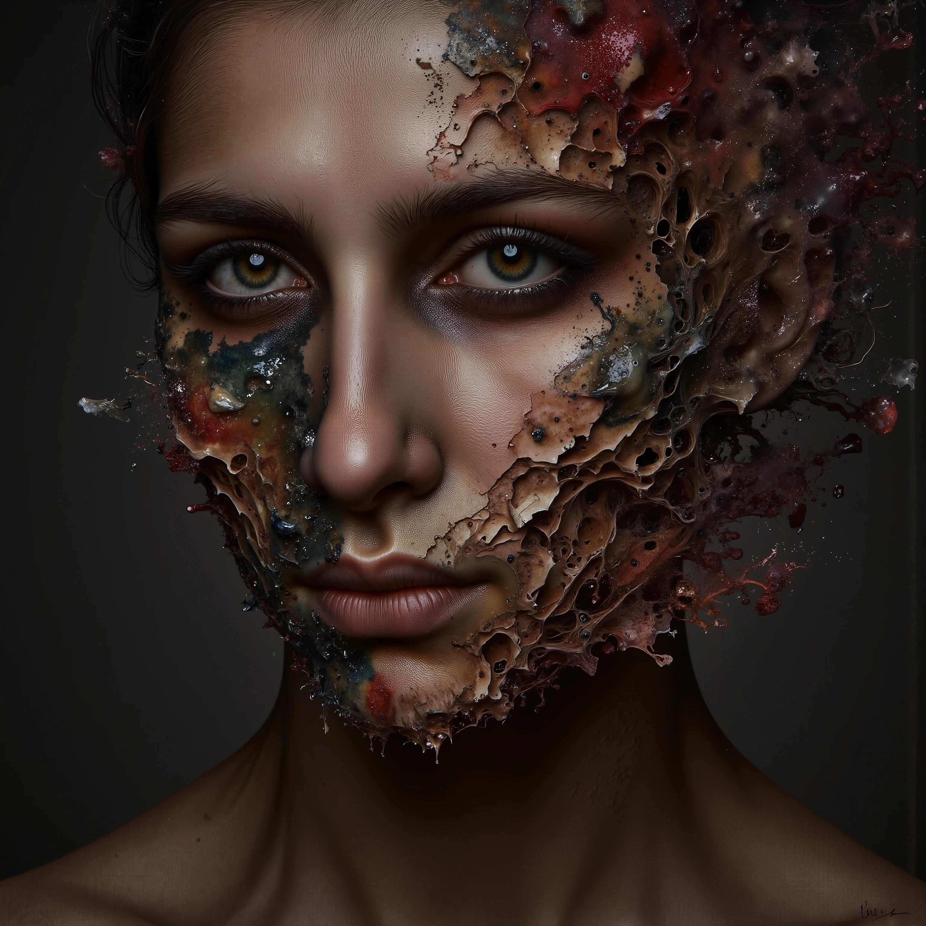 (masterpiece, 8k, best quality:1.5), Album cover shoot, photorealistic, hyper detailed, cinematic, arri alexa 65, film look, cinema lens, intense and dramatic, Artist: Lina Rook, Ambient Pop Rock, This is a single called: All the Pretty Pieces, The cover should NOT include the artist and should show a person losing their pretty pieces to drug abuse, the song is about watching all the pretty pieces of a person you love fall away as they fall victim to drug abuse, Dramatic, hyper-realistic cinematic image, lifelike and profound, dark and sad for a pop artist but not so dark as to be a metal artist, Oscar worthy Colors and image and drama, realistic image of a person losing physical chunks of themselves to show the metaphore of All the Pretty Piece falling away from the person you love, #breaking