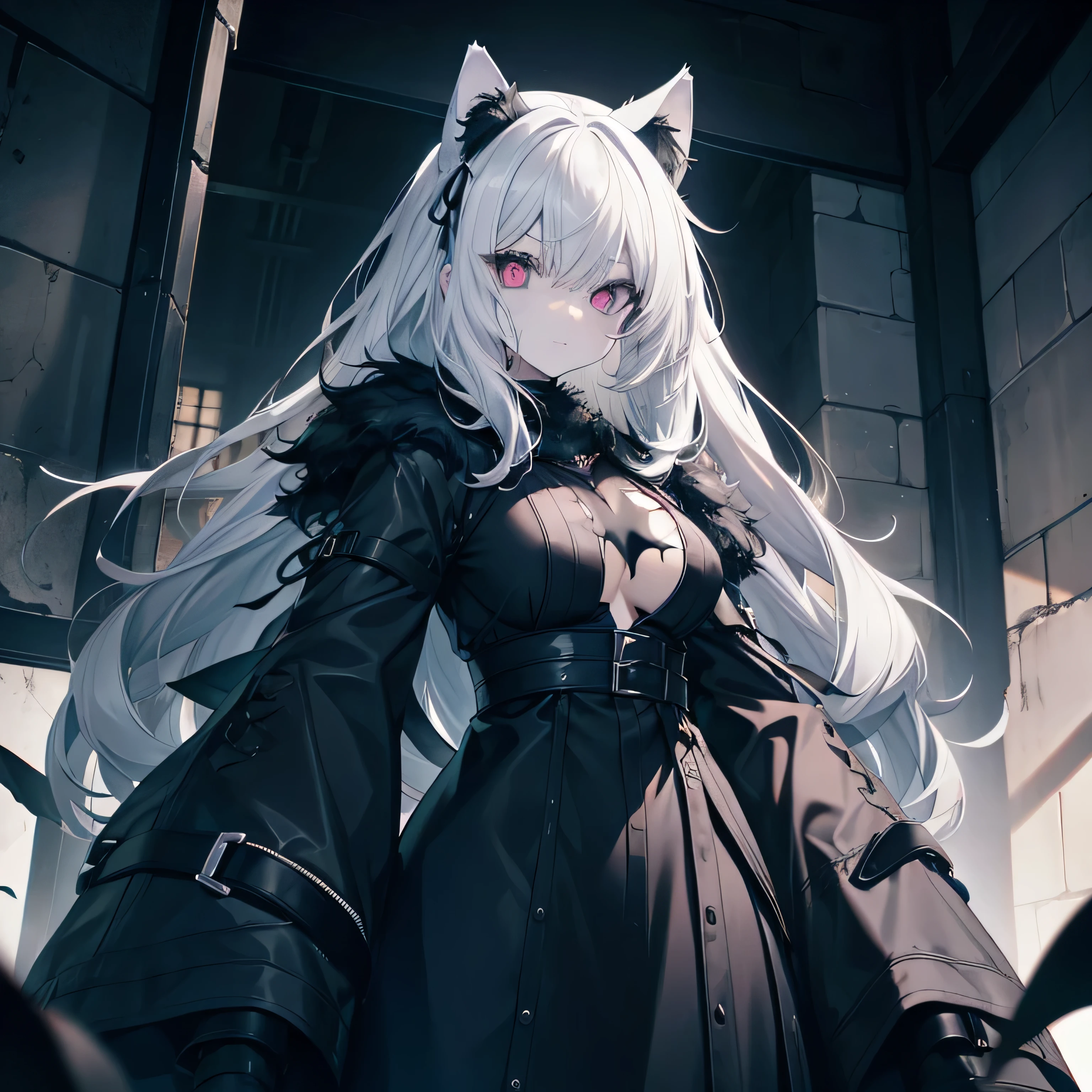 Pitch black room、Exquisite shadow expression、Pitch black、darkness、Surrounded by enemieasterpiece, best quality:1.2), 1girl, solo、Gray cat ears、Point your gun at us、Grey long hair、Ahoge、Yellow Eyes、Gray cat ears、Background of military bases、Fisheye Lens、battlefield、Shadows of light and darkness、Expressionless、Grim face、battle、Black knee socks、Cleavage、 