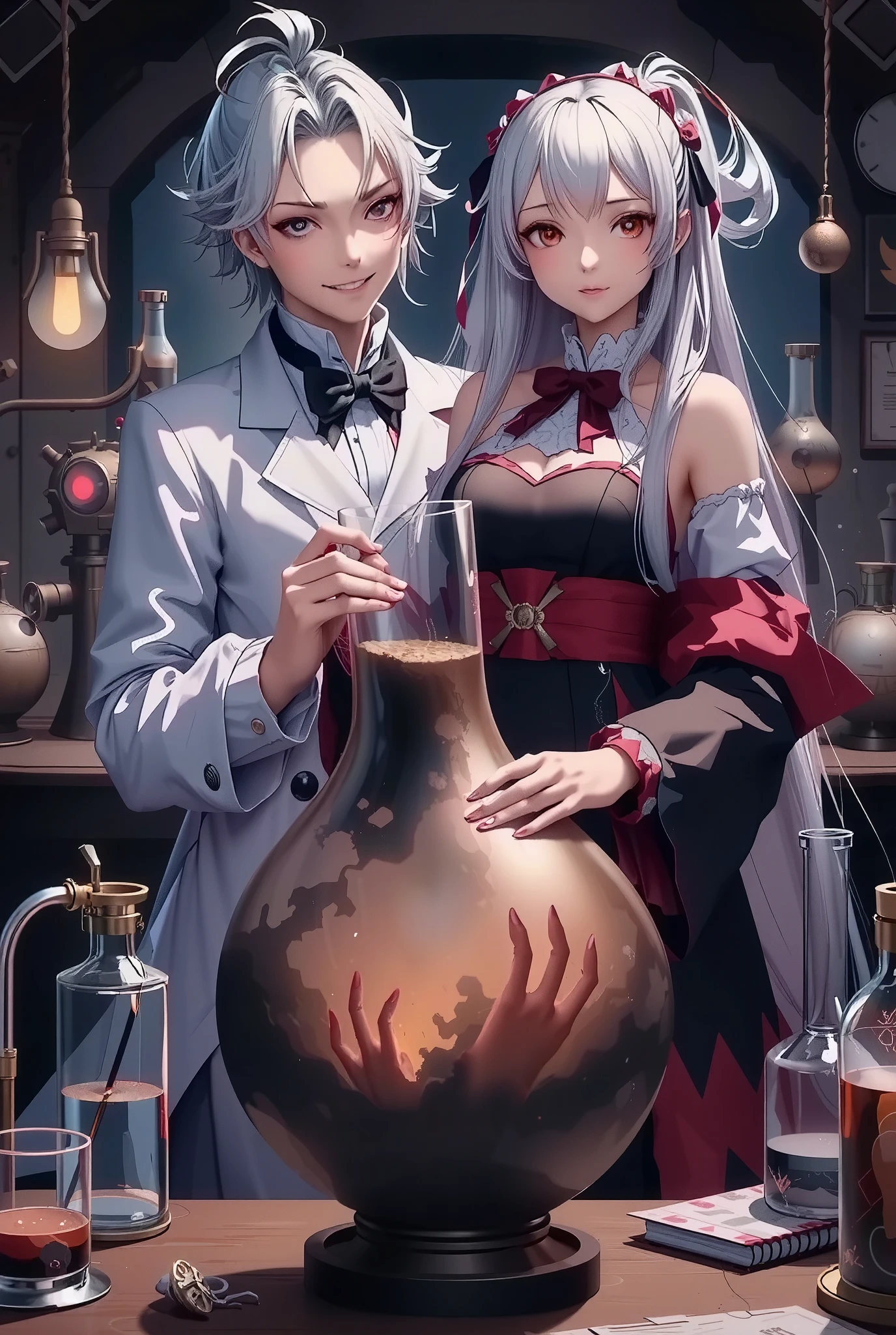 a mad scientist and their assistant in an underground laboratory, the mad scientist with the crazy smile, the assistant with the creepy smile, In her hand she holds a flask containing a large, one-eyed, black, smoky creature. highly detailed, underground laboratory, torture devices, sinister experiments, lab equipment, dark lighting, eerie atmosphere, unsettling, gritty, historical background: middle ages, correct anatomy, anatomically normal hand, realistic, detailed, cinematic, award-winning cg art, 8k, hyper realistic, volumetric lighting, intricate details, unnerving, chiaroscuro lighting, extremely disturbing and gruesome, chiaroscuro lighting, dramatic shadows, muted colors, gritty, industrial, cold, sterile, claustrophobic, (best quality, 4k, 8k, highres, masterpiece:1.2), ultra-detailed, (realistic, photorealistic, photo-realistic:1.37), dark fantasy, horror