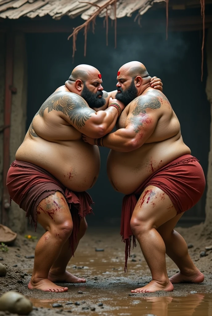 Two big hairy bearded strong muscular Persian men in white underwear, in a courtyard completely walled with a white wall, Sandy ground, a big tree in the background. Boys around watching. Men sitting on the floor leaning against the wall in their underwear.