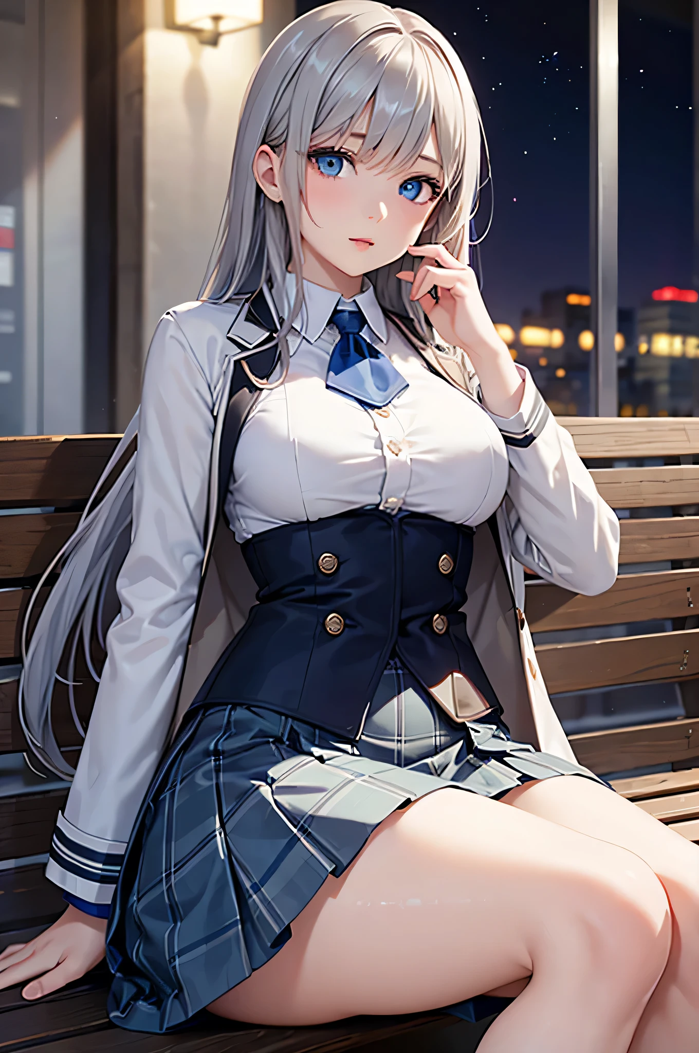 1girl,((Smooth, long brown hair fluttering in the wind,Green Eyes)),((masterpiece,Very realistic,A detailed anime wallpaper:1.4)),((Perfect Anatomy:1.2)),Cute symmetrical face,CG Unity 8k,((White Blazer Uniform,Black tie,pleated micro mini skirt,White thigh-high socks)),8K quality,Extremely sophisticated digital art,((Looking to the side and touching her hair with one hand:1.35)),Perfect cute girl,Staring at the camera with a gentle gaze,A soothing smile,Very large breasts,Extremely detailed hair and face,Artistic pastel art,A pier with a beautiful night view of the big city,Fresh breeze,Professional Lighting,Supermodel,((Light blue lace side tie panties:1.08))