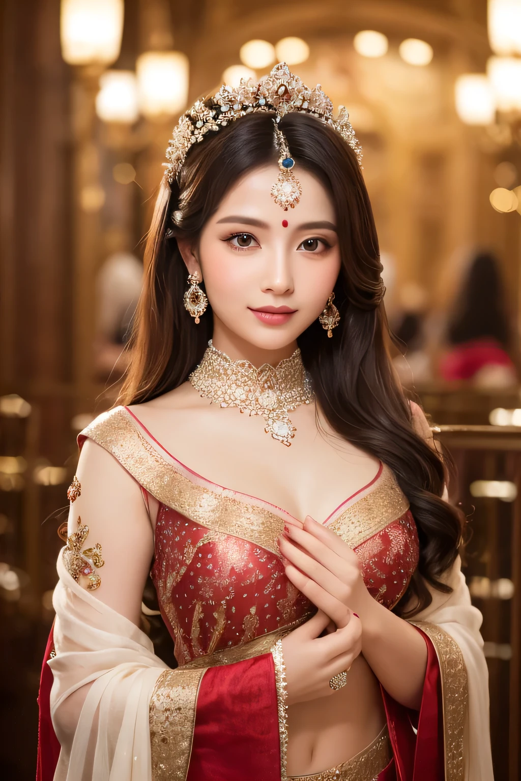 photo of gorgeous female magician, looking at camera, D&D, choker on neck, stylish dress, very long flowing hair, Complex, elegant, stylish, cute smile, fantasy, very detailed,,perfect body,(lie:1.3)