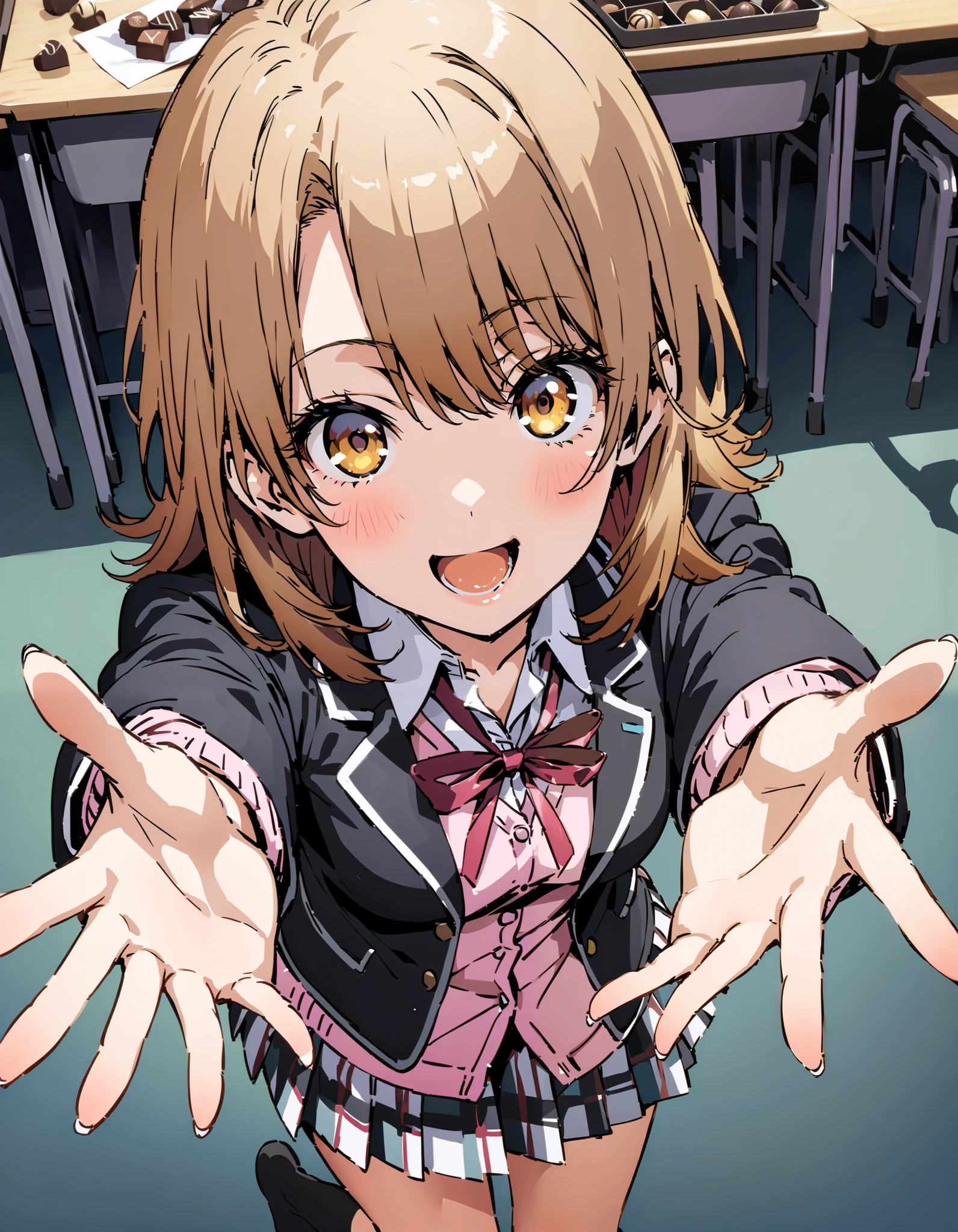 Irohaisshiki, Isshiki Iroha , Alone, short hair, brown hair, brown eyes,smile,blush, open your mouth,
skirt by humili, shirt, ribbon, school uniform, jacket, white shirt, socks, open jacket, black jacket, check pattern ,黒色 socks, check pattern skirt by humili, blazer, Cardigan, black socks, pink Cardigan, sobu high school uniform, bend your back, incoming Food, Chocolates, holding, holding Chocolates, holding Food, Food, A heart-shaped present is placed on the desk,A heart-shaped present is open ,ハート型の Chocolates,
break indoors, classroom,
break looking at viewer,
break ( Masterpiece:1.2), top quality , kampala, Unity 8k Wallpaper,(shape:0.8),( fine, beautiful eyes :1.6),It's a person , full body photo,CG Details , ( perfect hands, Complete Anatomy),