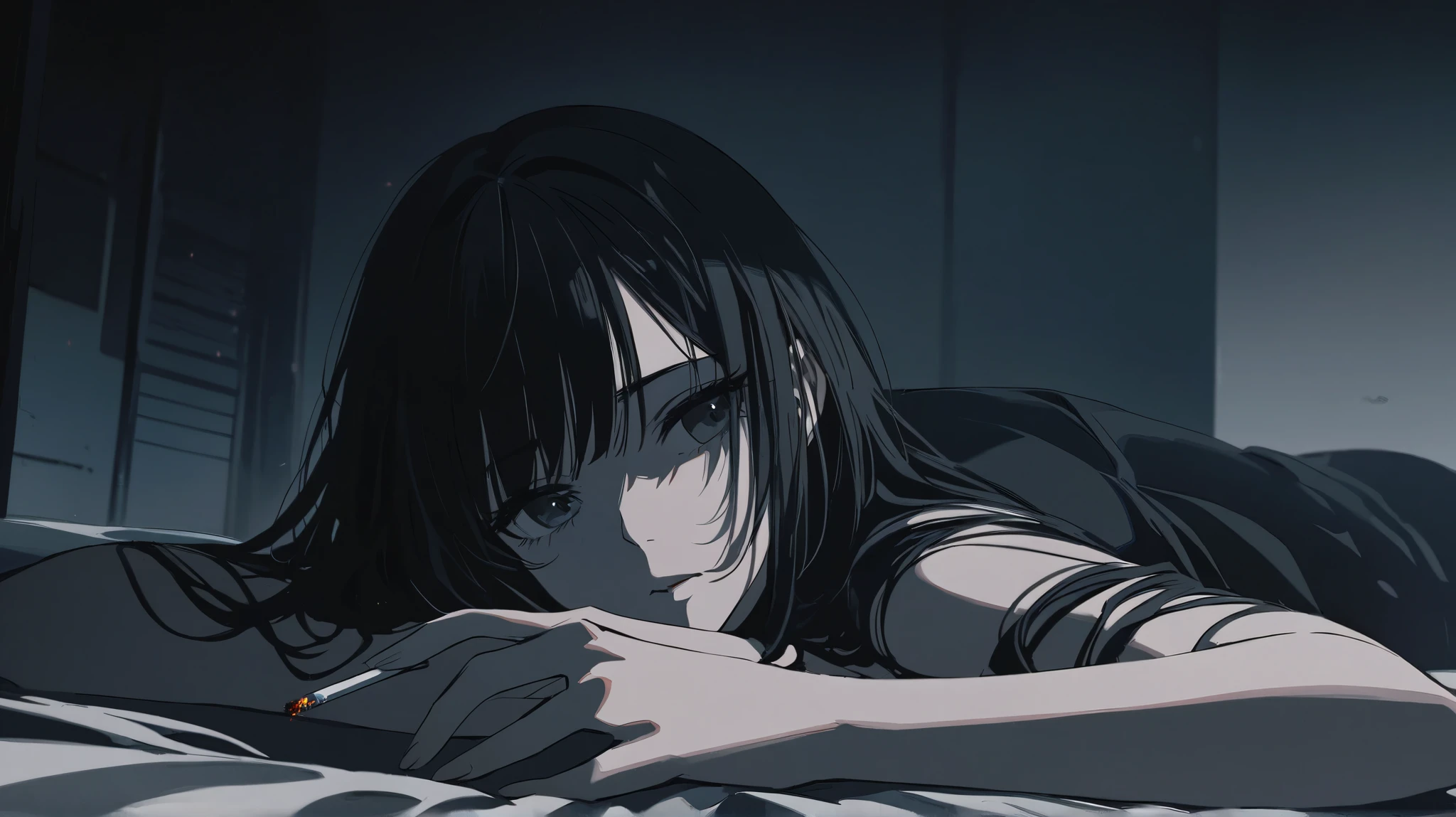 "A melancholic young woman with long black hair lying on a bed, gazing into the distance. She holds a lit cigarette with smoke curling upwards. The dimly lit room has a moody, cinematic atmosphere, with soft lighting and a muted color palette. The anime-style illustration features sharp details, smooth shading, and an aesthetic inspired by Japanese neo-noir and cyberpunk art."
