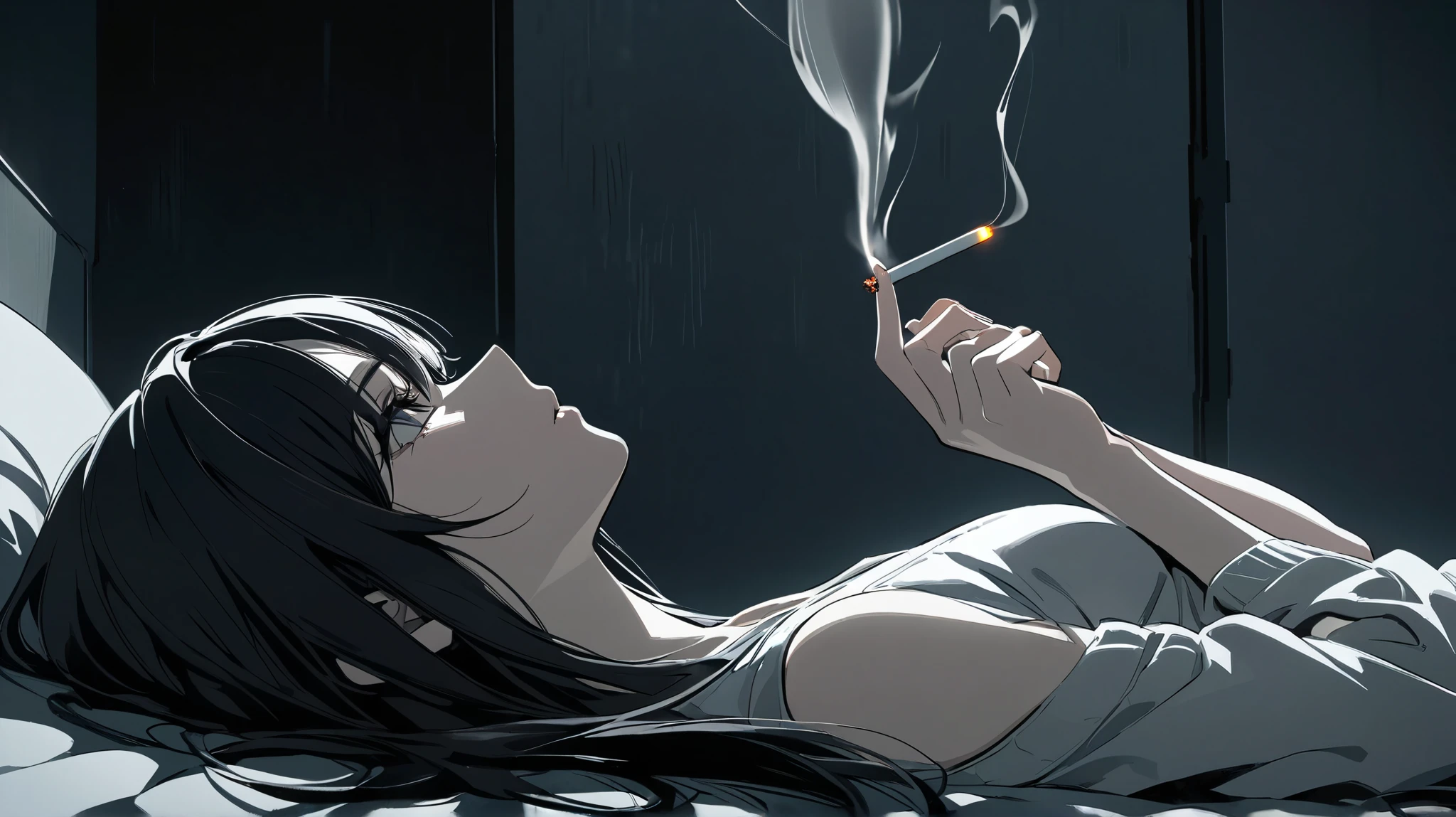 "A melancholic young woman with long black hair lying on a bed, gazing into the distance. She holds a lit cigarette with smoke curling upwards. The dimly lit room has a moody, cinematic atmosphere, with soft lighting and a muted color palette. The anime-style illustration features sharp details, smooth shading, and an aesthetic inspired by Japanese neo-noir and cyberpunk art."