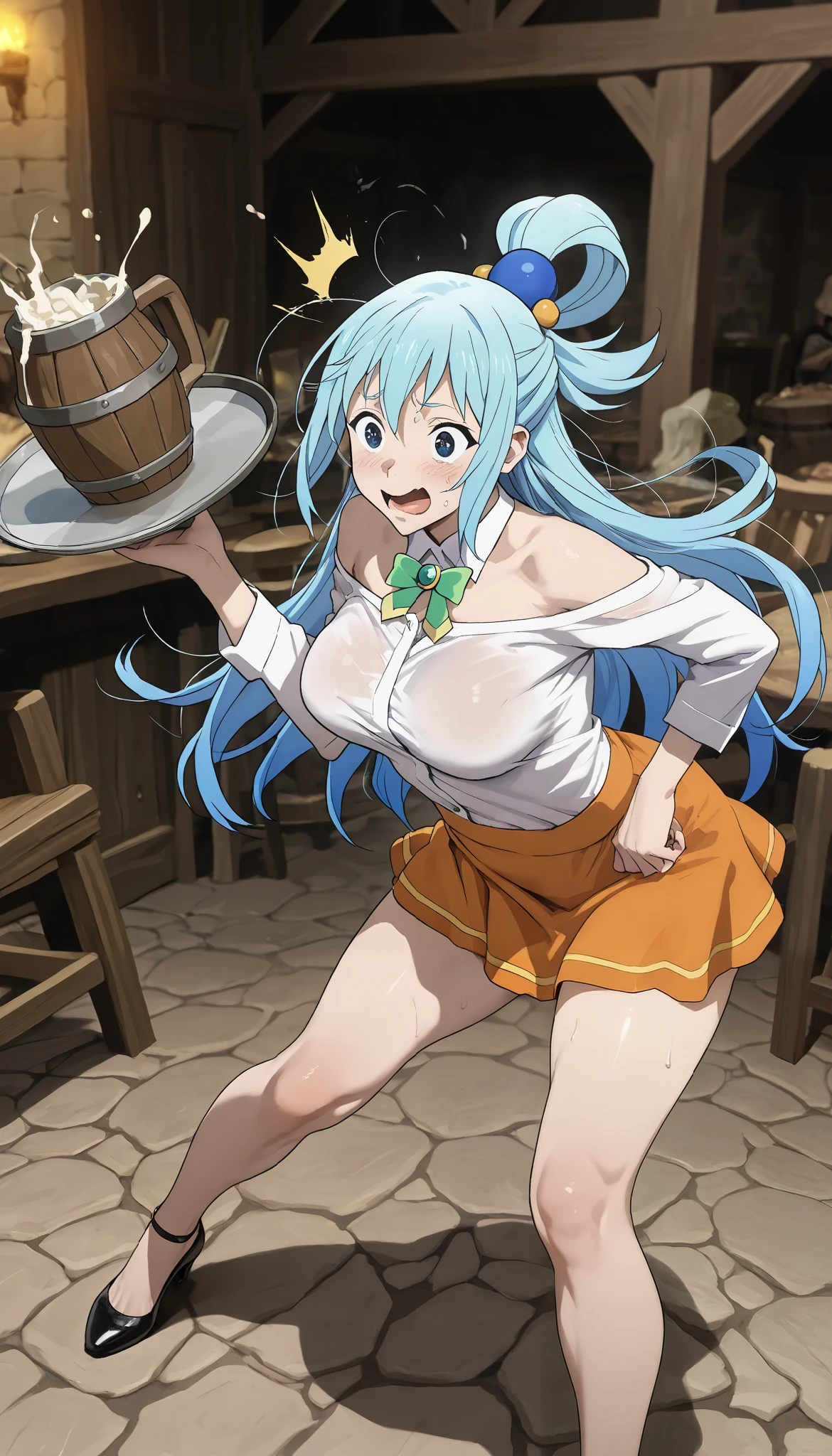 Konosuba,Aqua, exivisionist, Blue Hair, very short skirt,stupid,super sexy,clumsy,Graziosa ,carefree, provocative pose,Waitress in the tavern