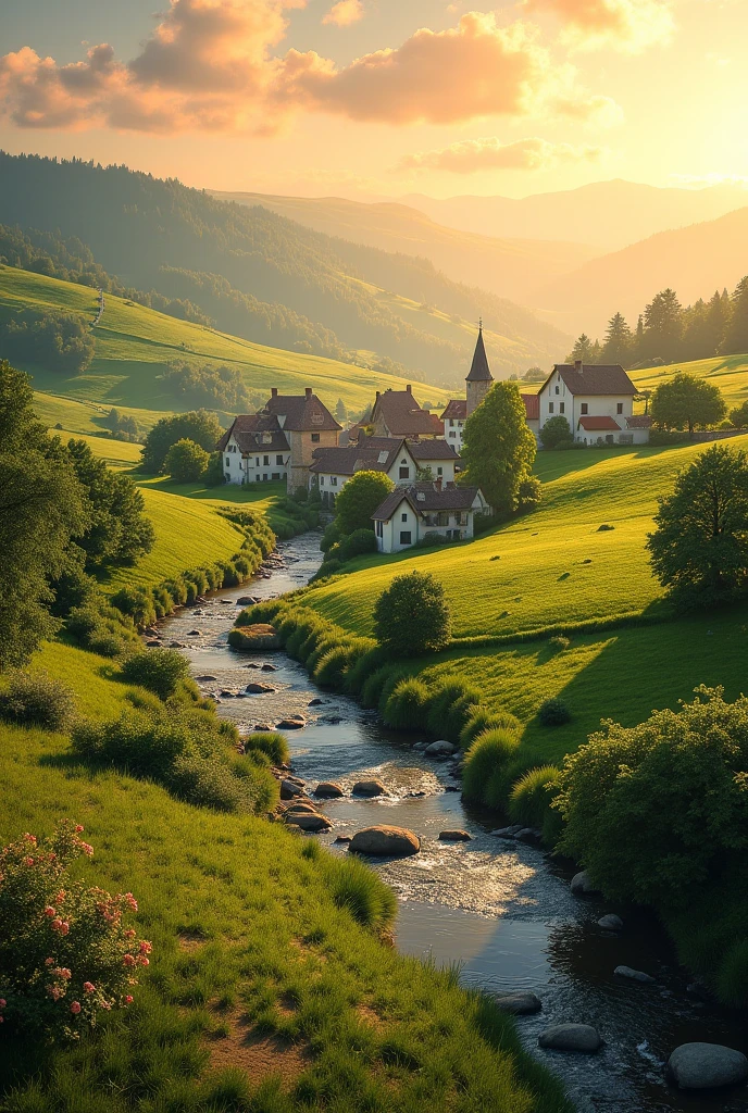 a cozy and beautiful landscape, detailed scenery, charming village, rolling hills, lush green meadows, peaceful stream, warm sunset lighting, (best quality,4k,8k,highres,masterpiece:1.2),ultra-detailed,(realistic,photorealistic,photo-realistic:1.37),vibrant colors,cinematic lighting,serene atmosphere,idyllic countryside,golden hour,soft focus,dreamy
