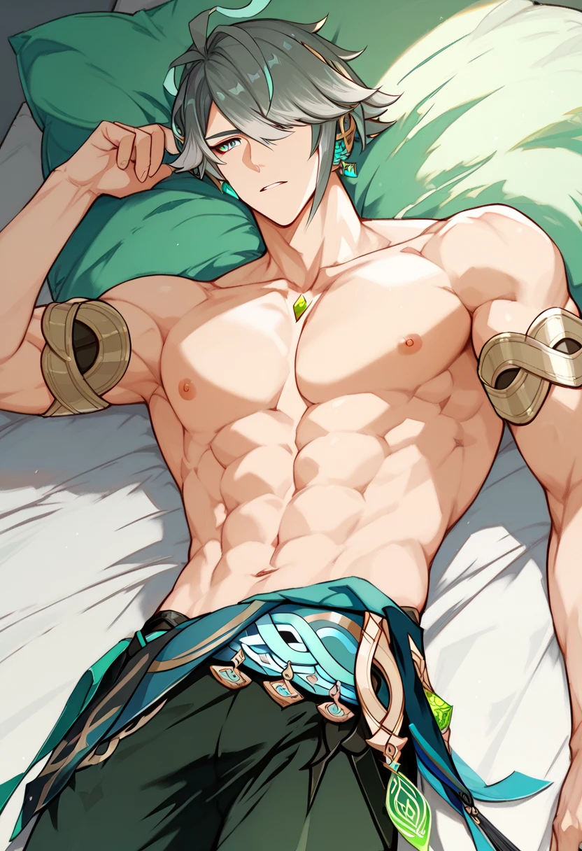 (hyper-realistic digital illustration), like a renaissance sculpture, hires, best quality, boy wearing micro black tiny thong, see-through black thong, , front view, lying on his back, holding legs raised, athletic body, (white skin), bare chest, flat chest,(long green blue hair scruffy ), serene expression, small waist, muscular.