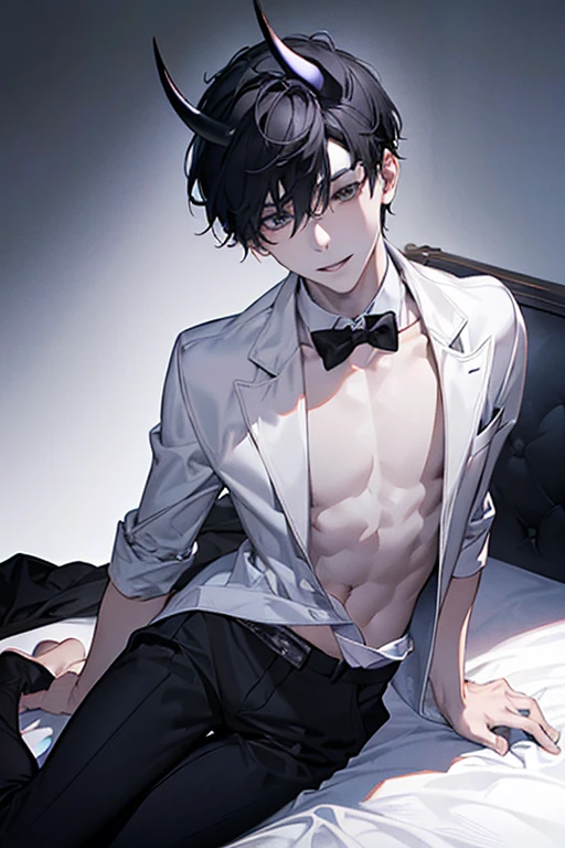 (masterpiece, 3D anime style, more detail, ultra detail), (1 man), black hair, blue eyes, tank top, bottom position, bright eyes, chiseled abs, chiseled pecs, bed, lying on the bed, hands up, blushing, sweating, panting, scared.