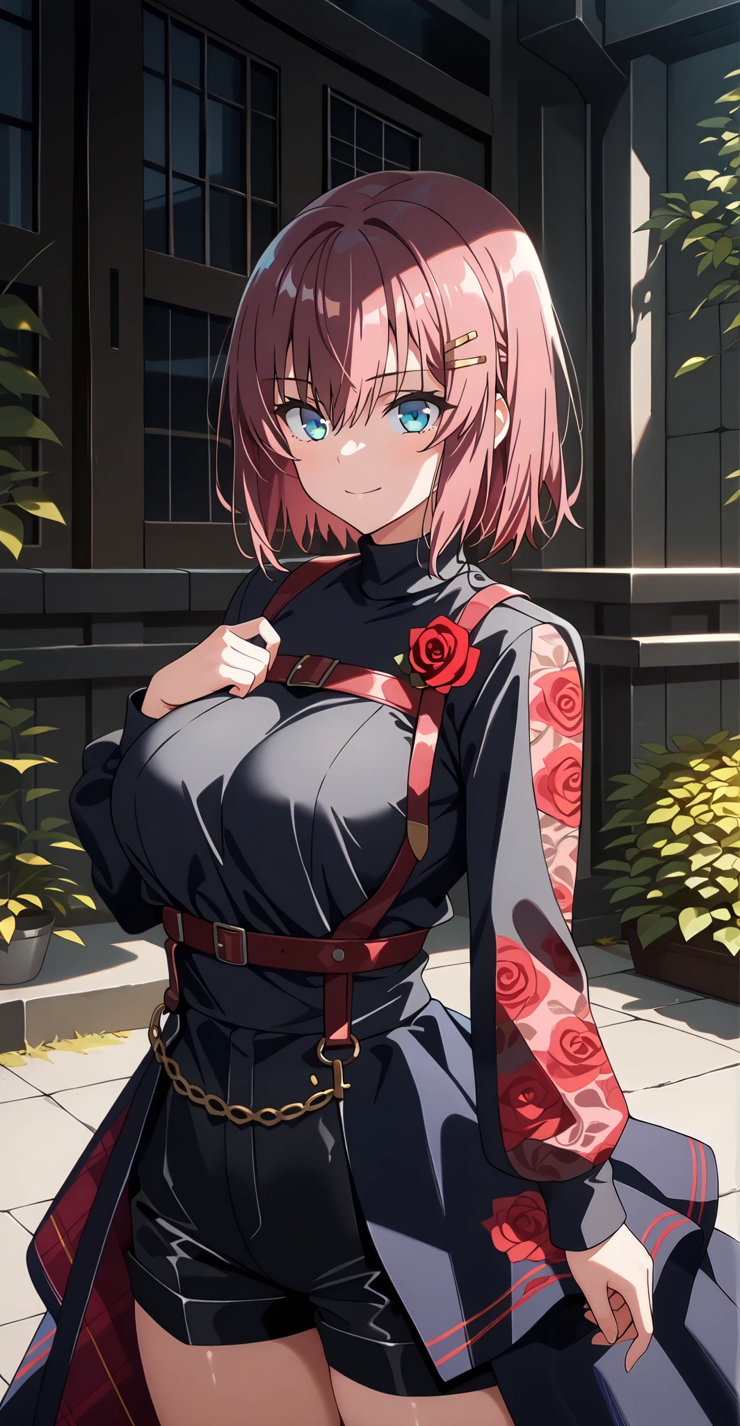 Anime girl in a black dress with a rose on her chest - SeaArt AI