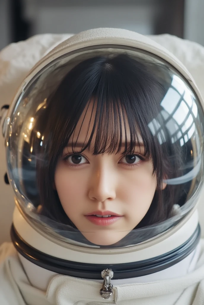 masterpiece, best quality, close-up, space, astronaut, silver hair, yellow eyes, messy hair, space helmet,