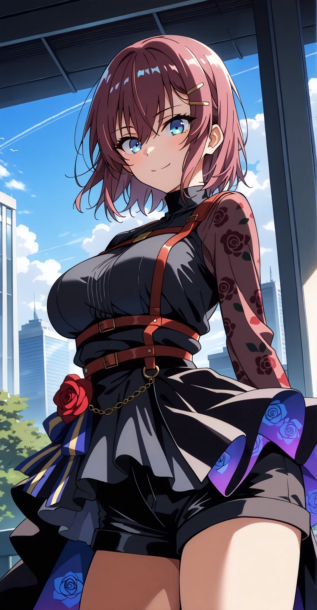 Anime girl with pink hair and blue eyes in a black dress - SeaArt AI