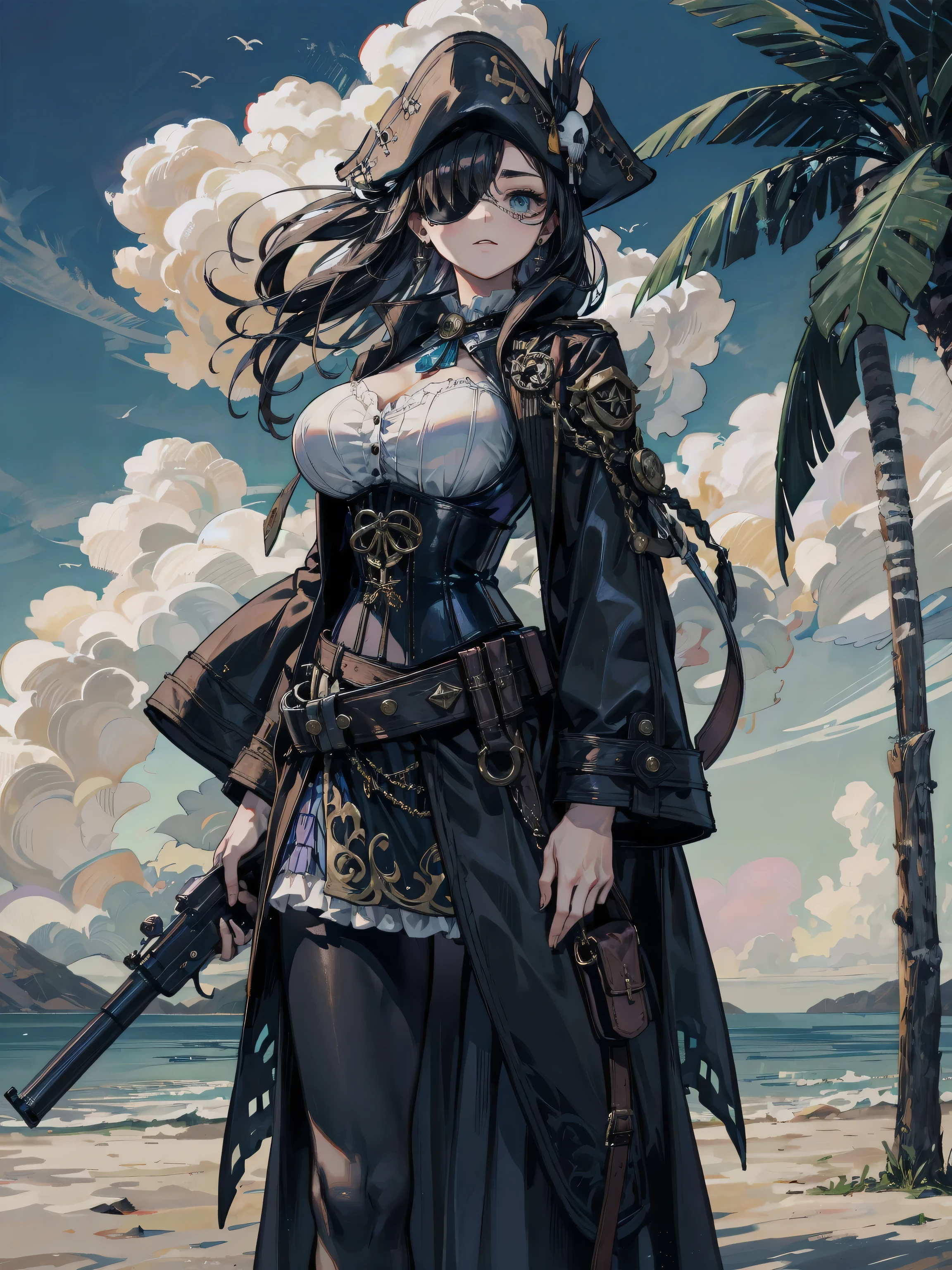 sticker of a cute female pirate, digital illustration, disney, rule 63, full body, perfect anatomy, perfect face, butt showing esthetically, abstract beauty, beautiful, centered, looking at the camera, approaching perfection, dynamic, moonlight, highly detailed, watercolor painting, artstation, concept art, smooth, sharp focus, illustration, art by Carne Griffiths and Wadim Kashin