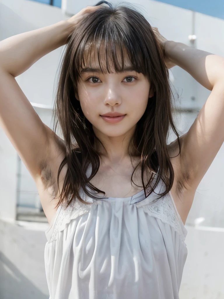 1girl, (Japanese girl, hands behind head, hairy armpit exposed), ((white camisole dress, lace)), (flat chest:1.3, hairy armpits:1.4, armpit hair:1.4), glasses, pale skin:1.2, white wall, studio lighting, looking at viewer, Realistic, (real picture, Intricate details), natural skin texture:1.5