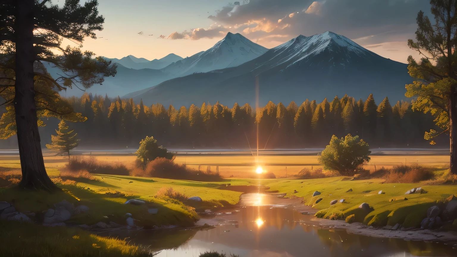 The acoustic guitar stands against the backdrop of picturesque nature : the sun's rays break through the thick leaves of trees, creating a warm atmosphere . Next to the guitar is a soft grassy meadow , and in the distance you can see mountains or a lake , scene reflecting the sunset sky . A calm and cozy , filled with the harmony of nature and music .