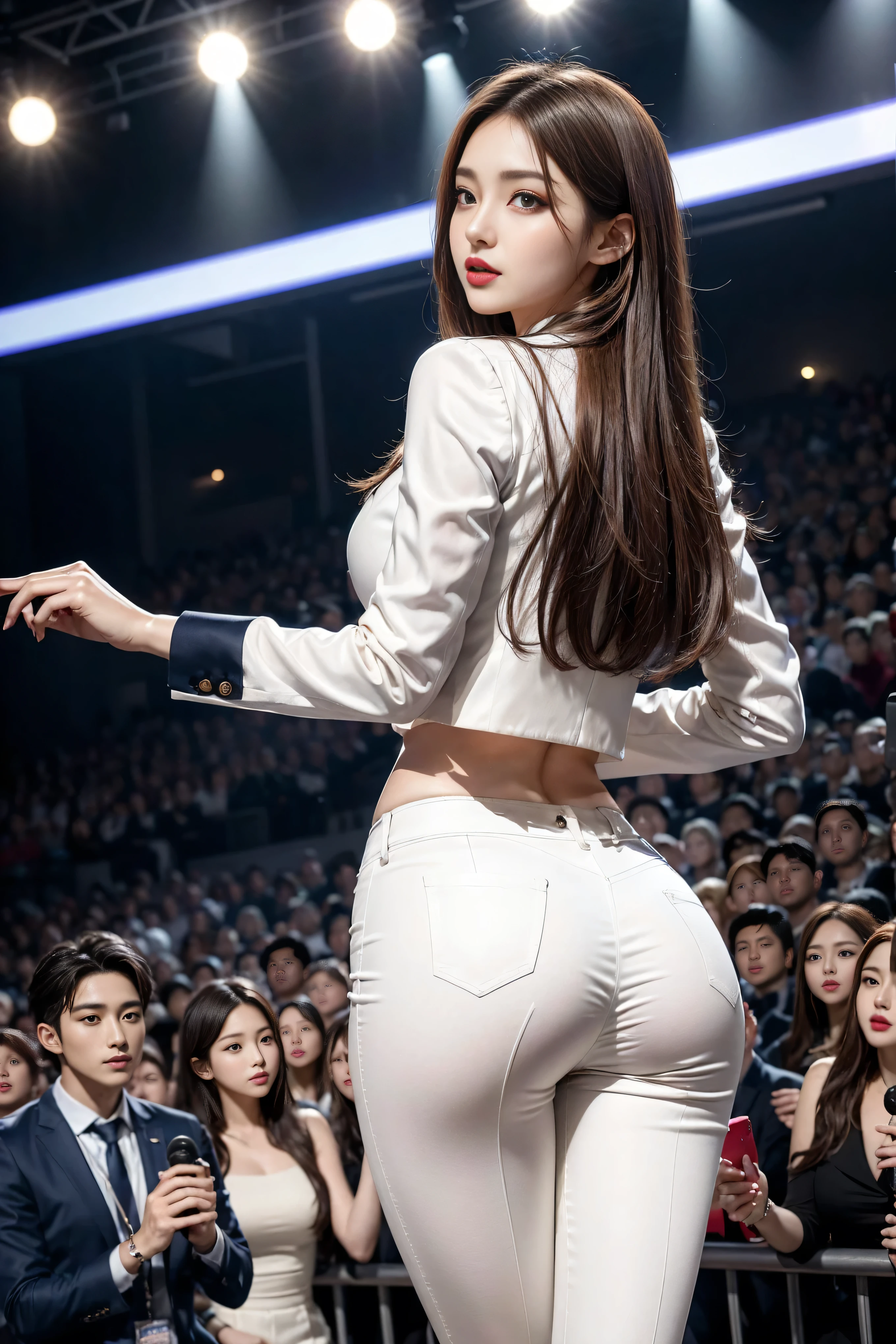 (8k,best quality,masterpiece,practical,super detailed:1.3),(1 girl,beautiful korean girl, kpop idol),(black suit jacket:1.2),(White skinny trousers:1.1),(serious expression:1.2)discuss,(speech,handheld microphone:1.2)(crowd,audience:1.3),Sexy long legs, (thigh gap:1.5),wide hips,S-shaped body, Buttocks raised,,black hair,(ass focus:1.1)shot from behind