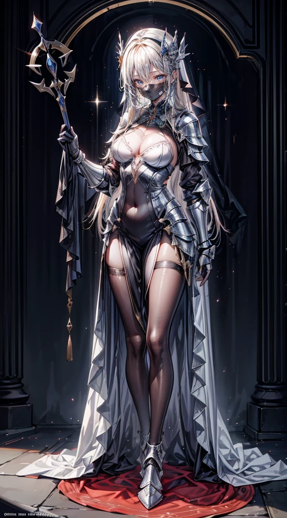 lewd nun，（Wearing an iron mask）and armor，（cabellos largos dorados），Wearing an iron mask and armor，Metal heels，Long face，Long face，Long face shape