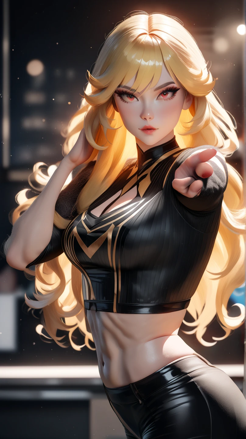 masterpiece, best quality, ((solo)),Terra_dc, happy, ((portrait)), long straight blond hair, black shirt, yellow shorts, aviator glasses on head, brown gloves, energy swirling in the background, black and yellow theme <lora:Terra_dcV2:0.9>