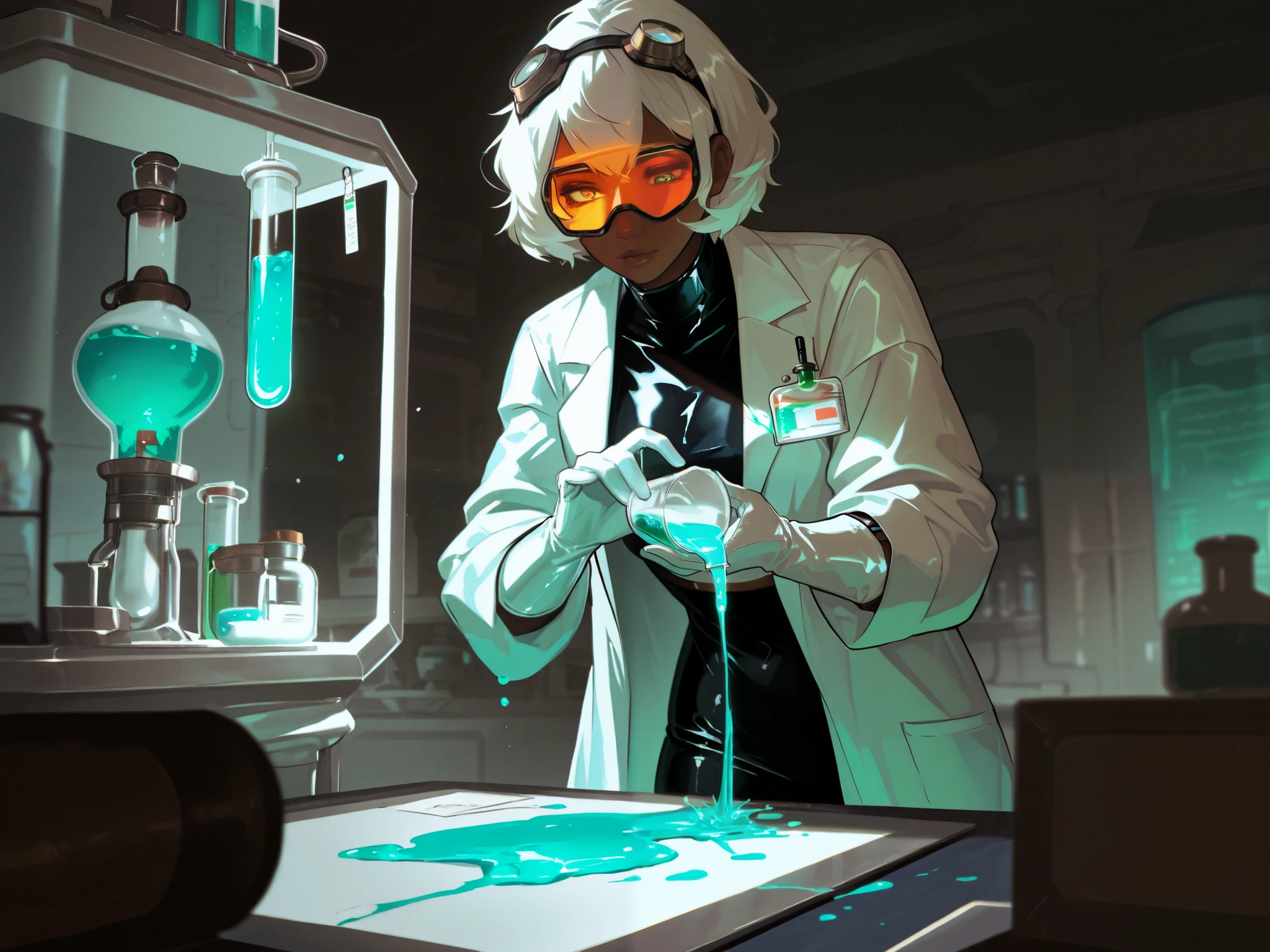 cinematic film still, dark skin, white short hair, pouring mystery substance into vial, laboratory, hush hush, lab coat, white latex gloves, lab goggles