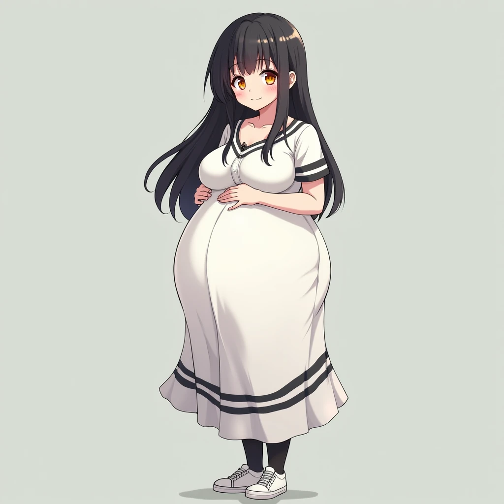 Red eyes, The eyes are round, (Highly detailed CG Unity 8k wallpaper),(masterpiece),(highest quality),(Super detailed),(Best illustrations),(Best Shadow),(Absurd),One girl,alone,Chigahara, One girl, alone, Open your mouth, tooth, Black Hair, Long Hair, View Viewer, Border, black Border, Brown eyes, , bangs,, Simple Background、(White maxi dress)(Huge breasts:3.5)、Pregnant women