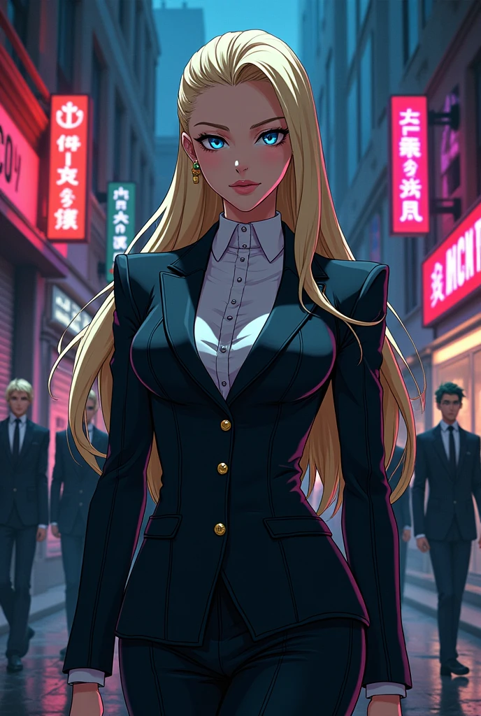 Bewitching anime busty blonde woman in blue suit and tight skirt、Pink eyes、Black tights,Inviting look、Show off your chest、Shirt and long golden hair,Ecchi anime style,Kamimei,Red Light District at Night,neons、Bokeh in the background