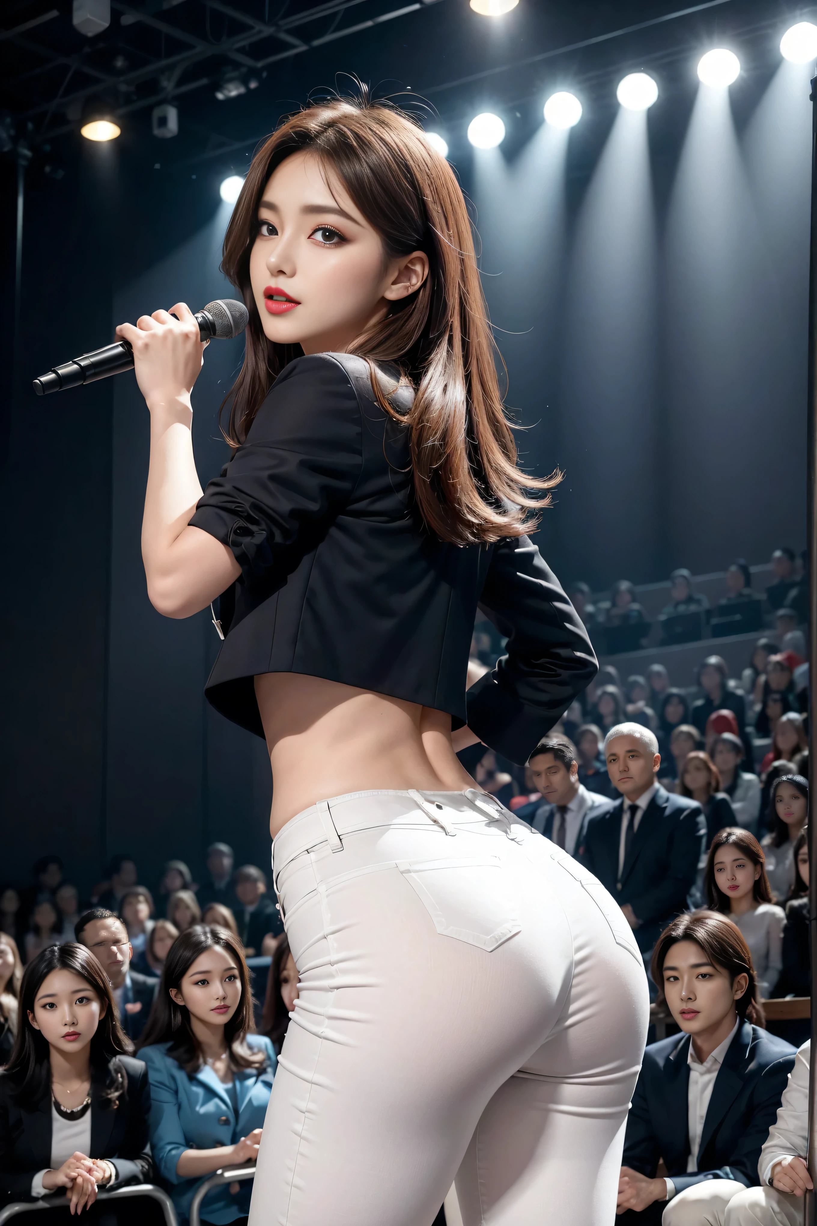 (8k,best quality,masterpiece,practical,super detailed:1.3),(1 girl,beautiful korean girl, kpop idol),(black suit jacket:1.2),(White skinny trousers:1.1),(serious expression:1.2)discuss,(speech,handheld microphone:1.2)(crowd,audience:1.3),Sexy long legs, (thigh gap:1.5),wide hips,S-shaped body, Buttocks raised,,black hair,(ass focus:1.1)shot from behind