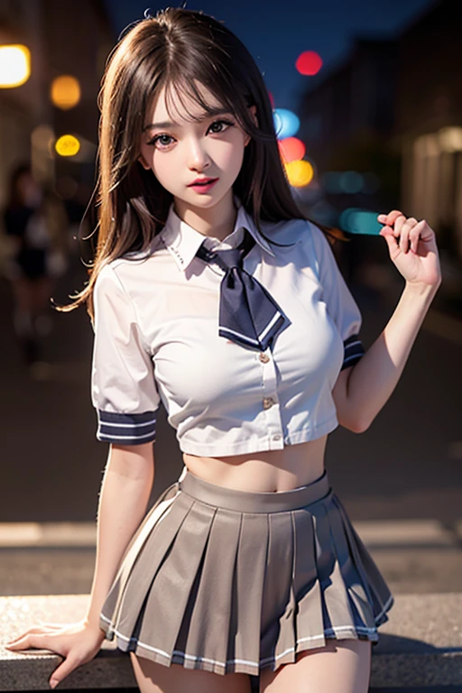 (highest quality:1.4), (hyper quality), (Super detailedな), 1 beautiful girl, Super cute, wonderful face and eyes, (school uniform, pleated mini skirt:1.5), (Beautiful and large breasts:1.1), (slender body:1.1), (thin legs), real skin texture, bangs, bright and shiny lips, Beautiful Goddess Advent, beautiful background, golden ratio, conceptual art, Super detailed, Accurate, advanced details, outdoor, sexy art, surrounded by a beautiful sunset, bright light, Super delicate illustration details, Highly detailed CG integrated 8K wallpaper, RAW photo, professional photos, cinematic lighting, Depth of bounds written, No bra, (Her nipples are pushing up her uniform.), cropped tops, High heels on bare feet