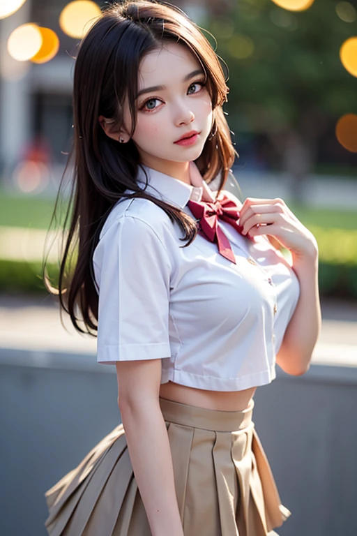 (((flat chest))),no makeup,high resolution,professional photo,High resolution,small pink nipples,12 years old,perfect figure,slim,delicate,Sunset,sexy pose,low twintails,school summer uniform,pantyhose,cameltoe,,open clothes, big breast