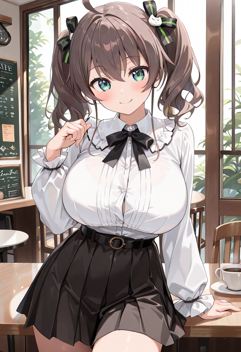 Thicc milf mom working in cafe, perfect body figure, The beautiful, high high quality, sexy for, flirt, rnsexy smile, body facing camera, good lighting, barista clothes, tall, shinning eyes, Light brown hair