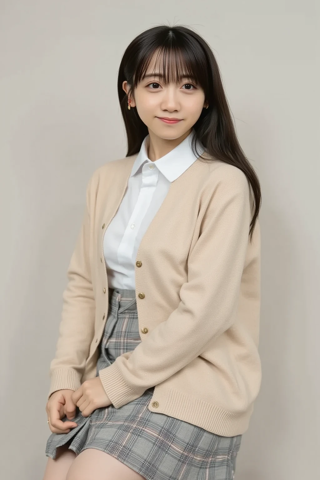 Top quality, Photo Real, High resolution, Detailed Background, Beautiful skin in every detail, Detailed nose, (((without makeup1.9))),(clear and beautiful skin with transparency1.9),Soft lighting, (Solo Shot:1.23),(high school girl's uniform1.9),(very cute uniform1.9) ,cardigan,long-sleeved white blouse,checked mini skirt,very soft-looking thighs,Close-up shot, View your viewers, (Nice hands, Perfect hands), Clear Eyes,Japanese girl, Pale skin,1 beautiful woman, (japanese1.2),around 15 years old,(permed hair1.5),((bon hair1.5)),Blonde hair,(I cannot see her chest as it is completely covered by clothing1.8),(soft-looking chest,A large and well-shaped chest1.8),(cute lips1.9),((great style1.9)), (Open-mouthed and smiling very happily1.9),Beautiful eyes,looking up with eyes,staring at me,staring directly,smile towards,(She is looking straight at me from the front1.9),(accurate structure of the limbs1.9), She is in the classroom after school,sunset,