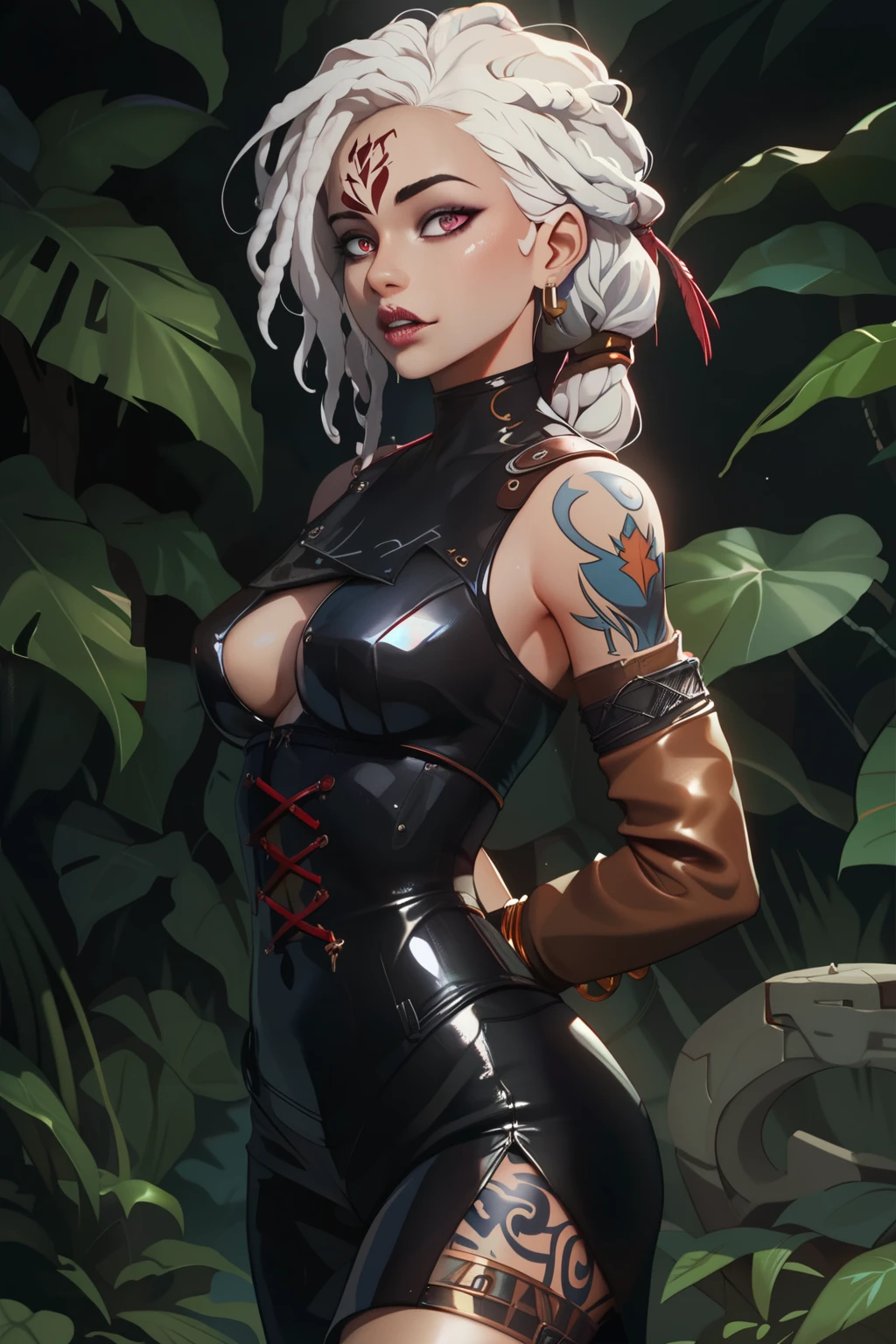 masterpiece, HD , great quality, very aesthetic , absurd, high contrast , high color palette , light glare ,Latest ,2.5D, Volumetric lighting , Sweet, jung, 1 girl, aztekisch, medium-sized breasts, sharp teeth, glowing red eyes , athletic body, aztekisch, looks at the viewer, sinister, jungle in the background, leather clothing , Dreadlocks,