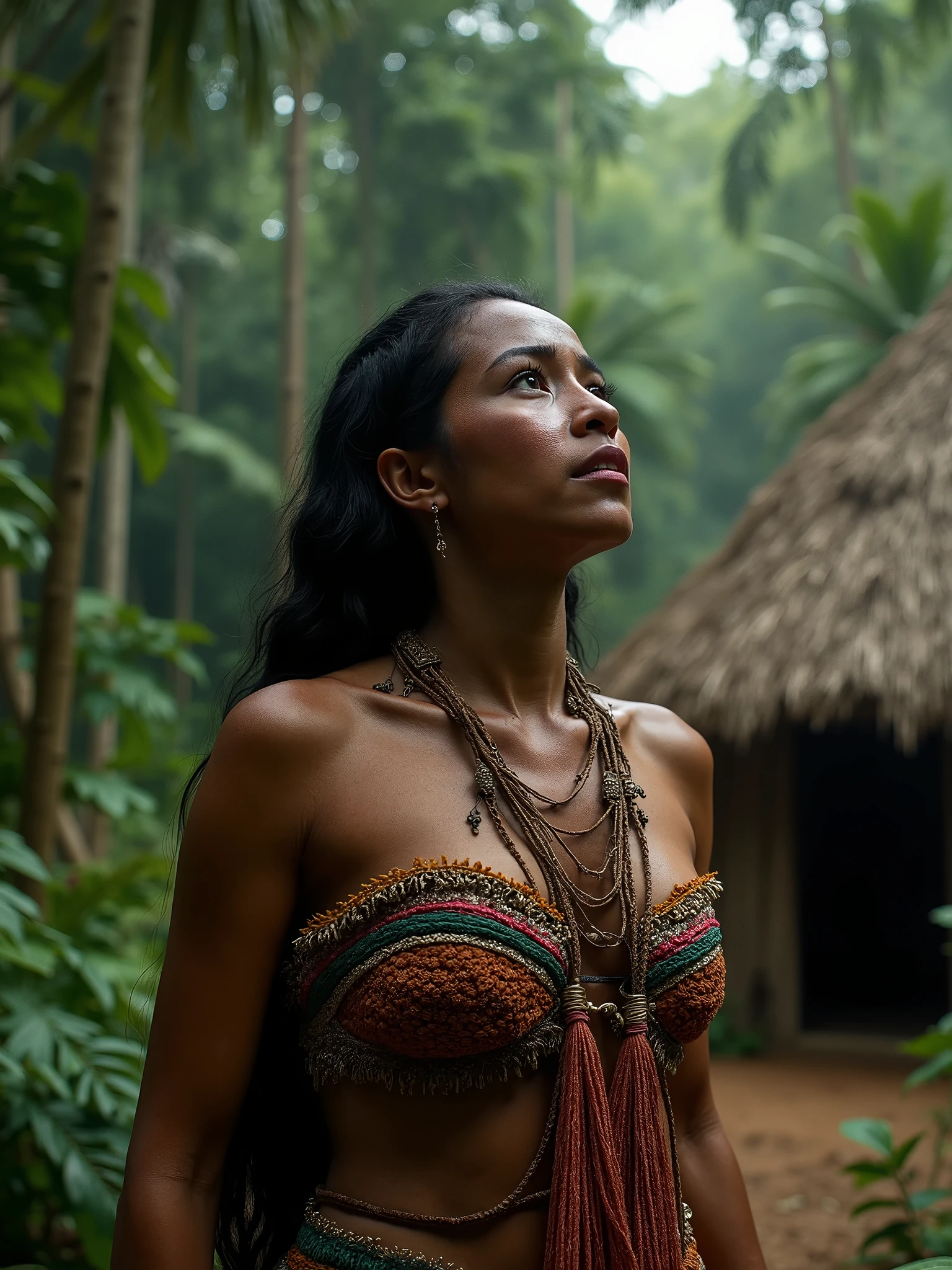 ((Realistic:1.5)), ((Best quality)), ((Masterpiece)), ((detailed)), (photorealism), (Exact proportions), (Ultra wide angle lens), (detailed face, Beautiful black eyes, detailed pupils, clear background: 1,3), ((several girls in full height)), dark-skinned North American savages in primitive skirts sneak with spears, ((native North American appearance)), wild hunters in wild costumes sneak with spears, moist oily skin, (simple wild jaguar skin dress), embellished statement necklace, massive embellished bracelets, massive earrings, large toned breasts, hidden by skin, long legs, wide steep hips, Strong Trained Body, Long thick black hair braided into a braid, wide cheekbones, plump lips, Focused gaze, night, night sky, night forest, dense thickets, jungle, best shadow, bright details, perfect composition, sharp focus, end of the world