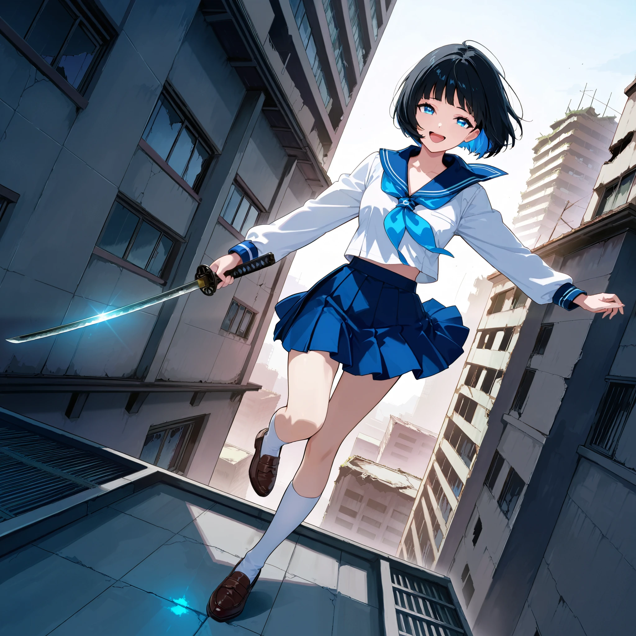 score_9, score_8_up, score_7_up, post apocalypse, (1girl, solo), (black short hair, bob cut), glowing blue eyes, (school uniform, sailor suit, pleated skirt, white sox, brown leather shoes), holding katana, (laughing crazy:1.2), BREAK in the building district, (Parkour, jumping from building rooftop, dynamic angle)