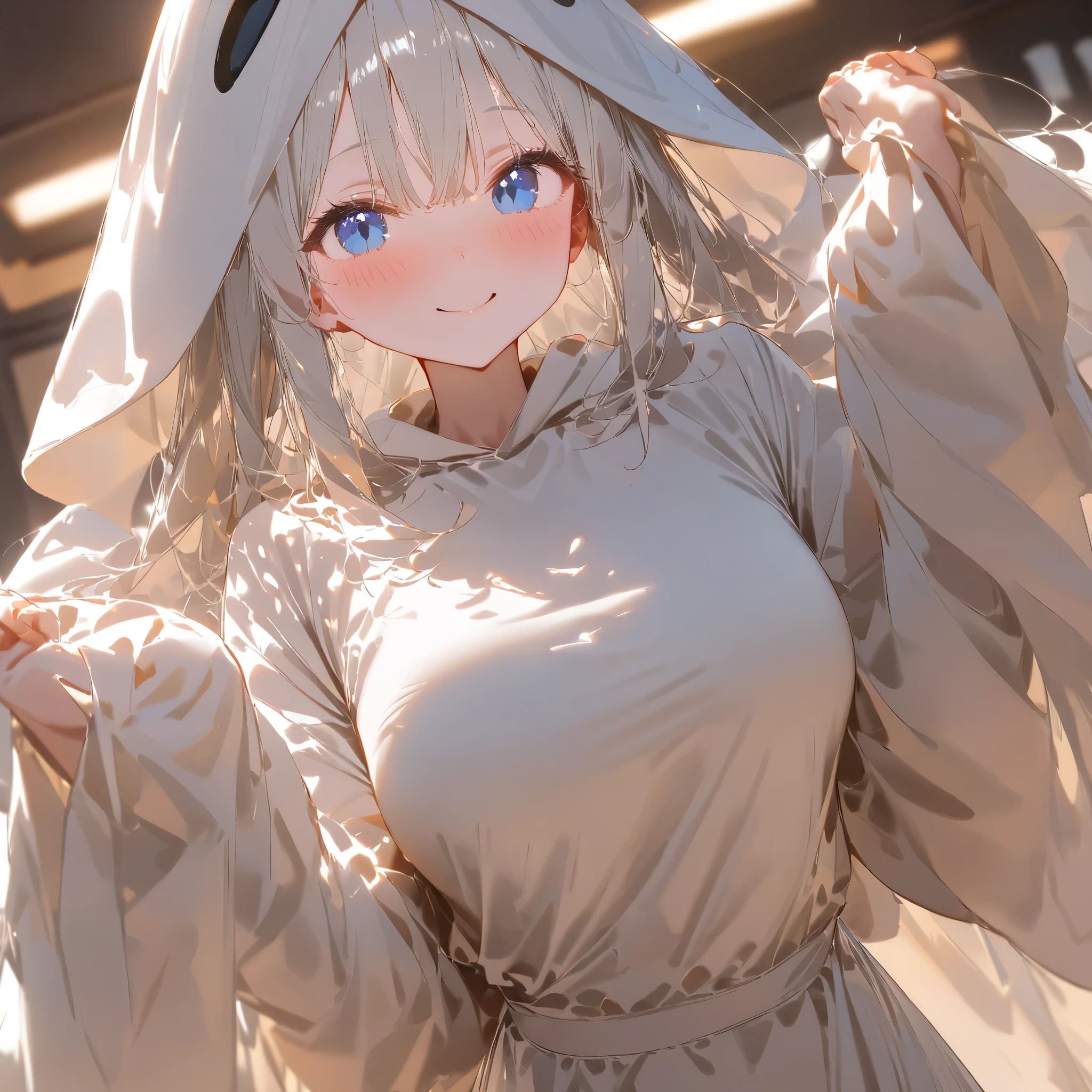 1 Girl, Solo, High Resolution, Looking at viewer, Breasts, Blush, High Resolution, Masterpiece, Anatomically Correct, Best Quality, High Details, HD,Soft Lighting, Textured Skin, Cute Pose, Dynamic Angle, Smile, Blush, Cute, Blurred Background, Close-Up, Ray Tracing, Reflection Light, Glowing Light, Dark Bedroom's Background.
Silver Hair, Long Hair, Messy Hair, Blue Eyes, White Simple Dress, Standing, Cute Pose, Ghost Costume,1 Ghost Girl.