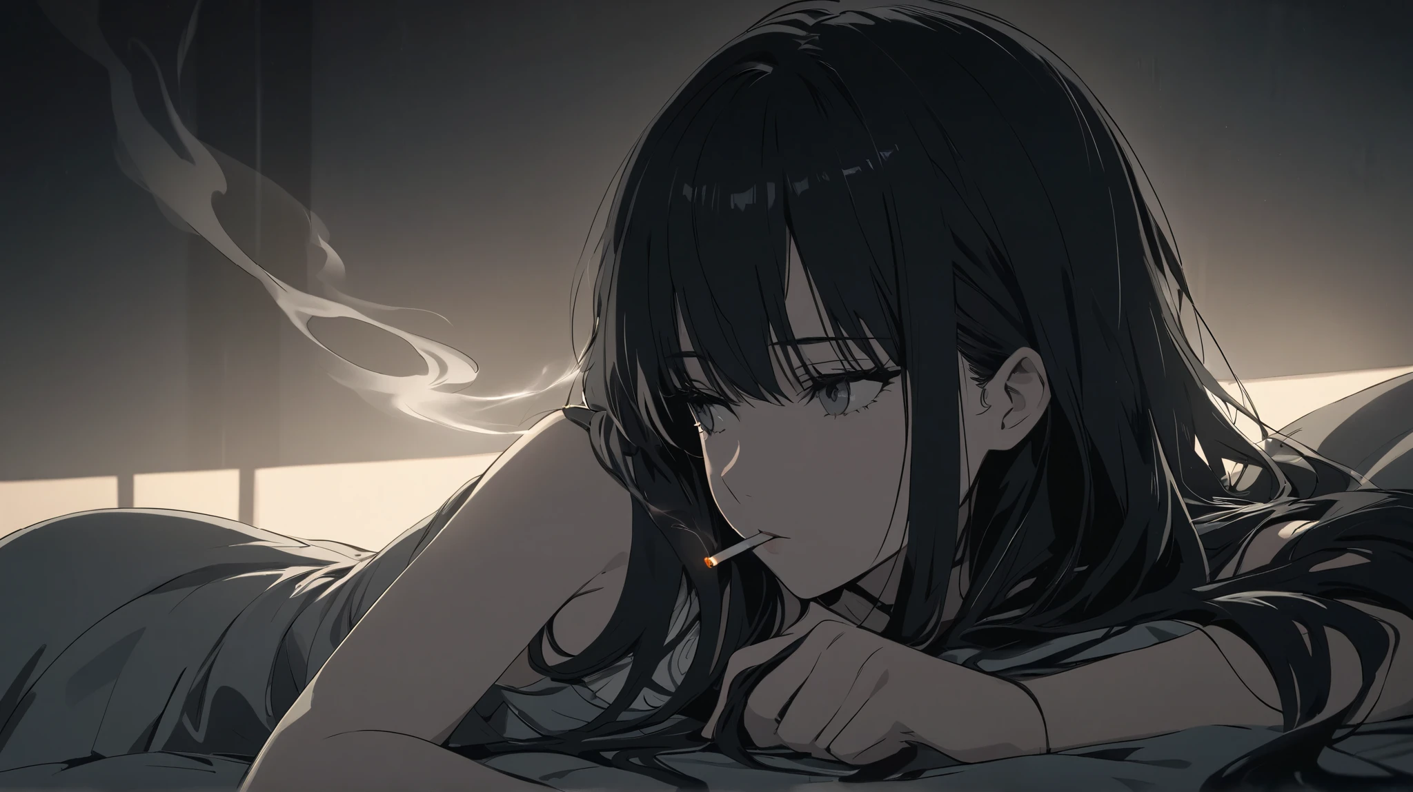 "A melancholic young woman with long black hair lying on a bed, gazing into the distance. She holds a lit cigarette with smoke curling upwards. The dimly lit room has a moody, cinematic atmosphere, with soft lighting and a muted color palette. The anime-style illustration features sharp details, smooth shading, and an aesthetic inspired by Japanese neo-noir and cyberpunk art."