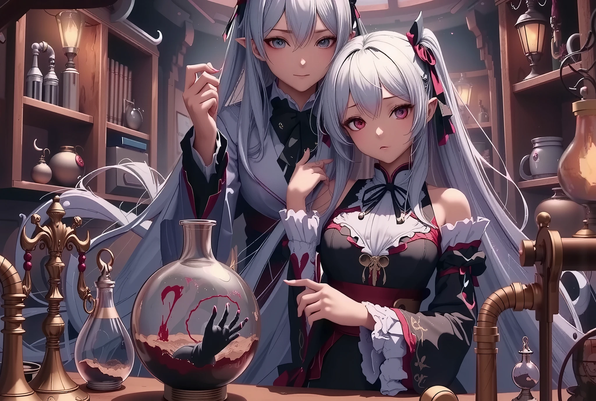 a mad scientist and their assistant in an underground laboratory, mad scientist, crazy smile, assistant, creepy smile, In her hand she holds a flask containing a one-eyed, black, smoky creature. highly detailed, underground laboratory, torture devices, sinister experiments, lab equipment, dark lighting, eerie atmosphere, unsettling, gritty, historical background: middle ages, correct anatomy, anatomically normal hand, realistic, detailed, cinematic, award-winning cg art, 8k, hyper realistic, volumetric lighting, intricate details, unnerving, chiaroscuro lighting, extremely disturbing and gruesome, chiaroscuro lighting, dramatic shadows, muted colors, gritty, industrial, cold, sterile, claustrophobic, (best quality, 4k, 8k, highres, masterpiece:1.2), ultra-detailed, (realistic, photorealistic, photo-realistic:1.37), dark fantasy, horror, (Pixel Perfect, Perfect in every detail)